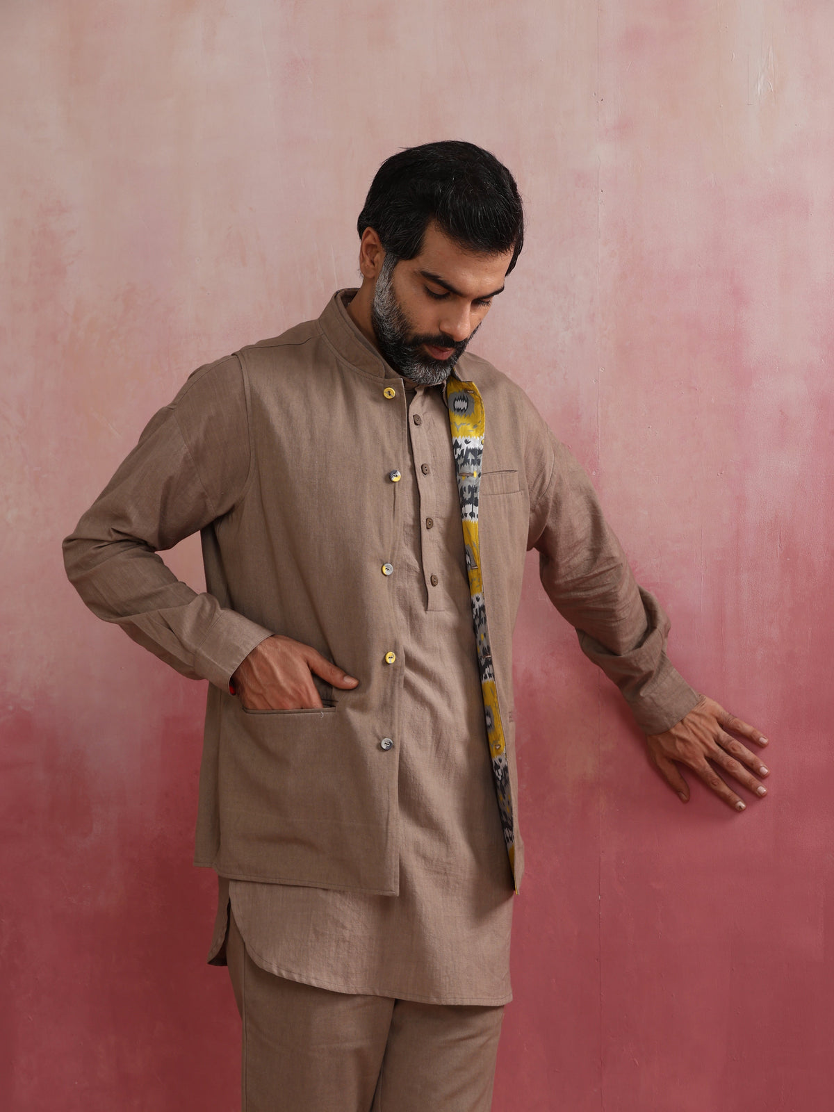 trueBrowns Men's Grey Ikat Print Cotton Reversible Nehru Jacket | Grocsy