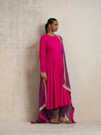 trueBrowns Pink Crinkle Anarkali Kurta Pant Dupatta Set | Grocsy