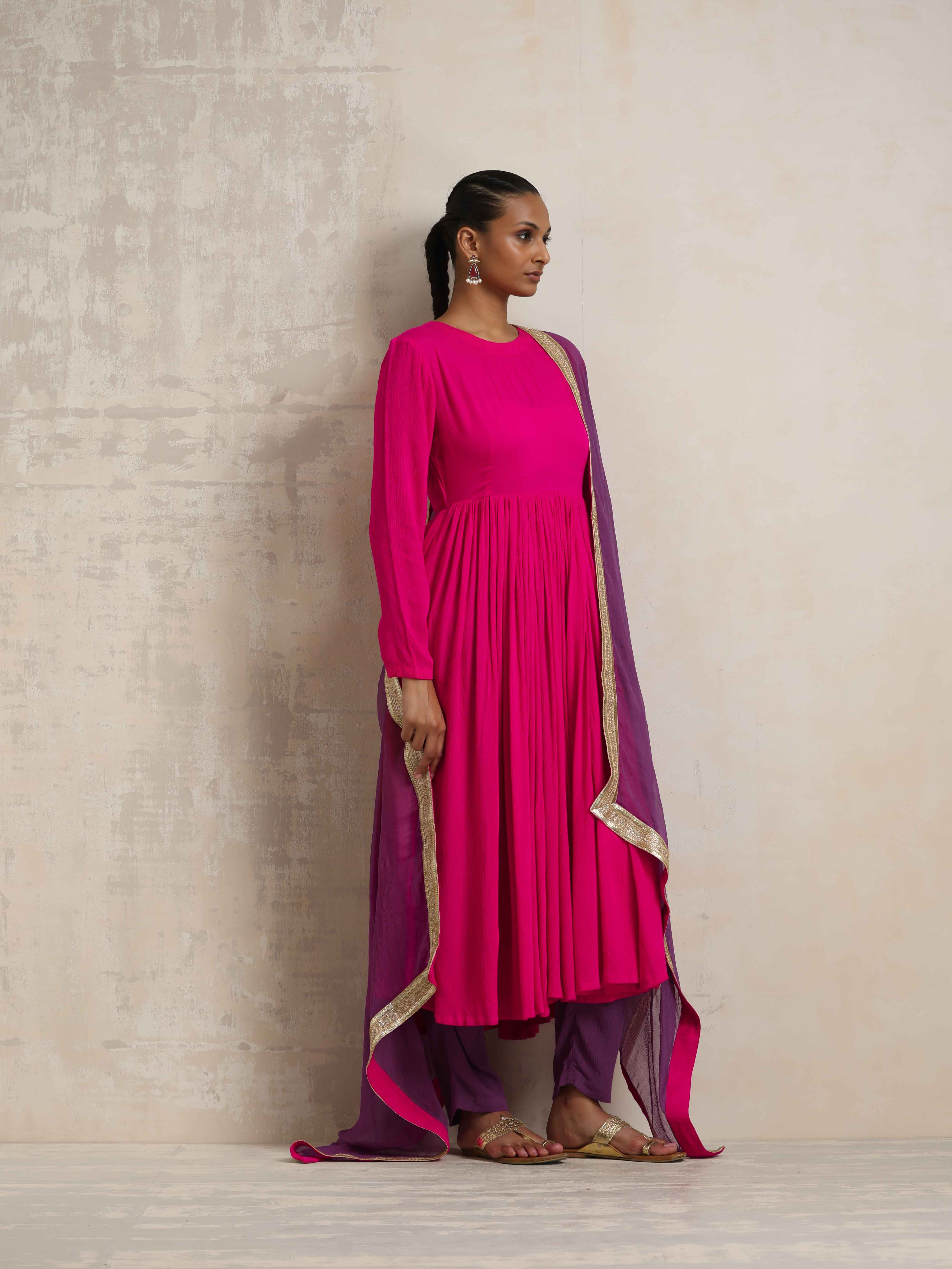 trueBrowns Pink Crinkle Anarkali Kurta Pant Dupatta Set | Grocsy