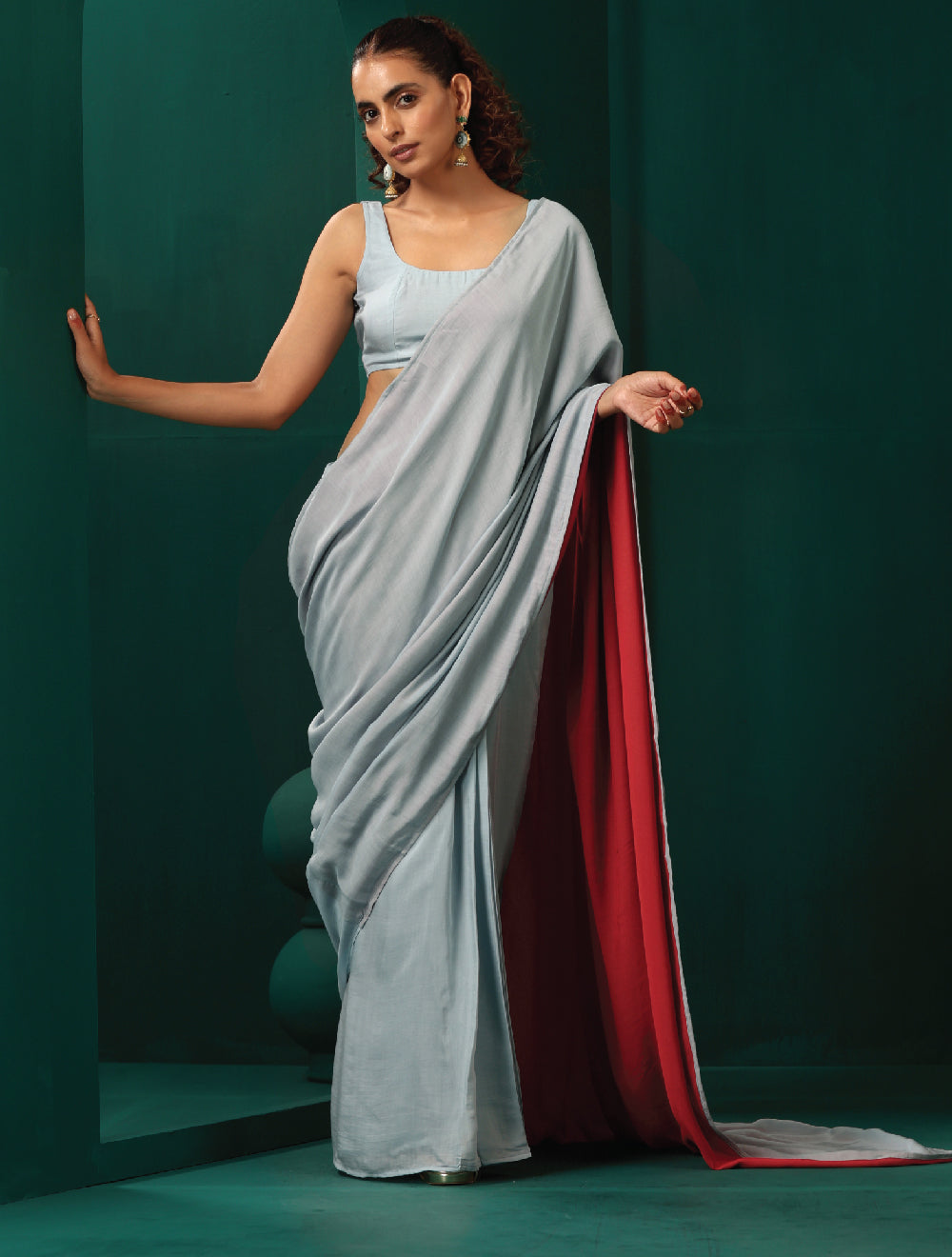 trueBrowns Powder Blue Muslin Silk Scoop Neck Sleeveless Blouse | Grocsy