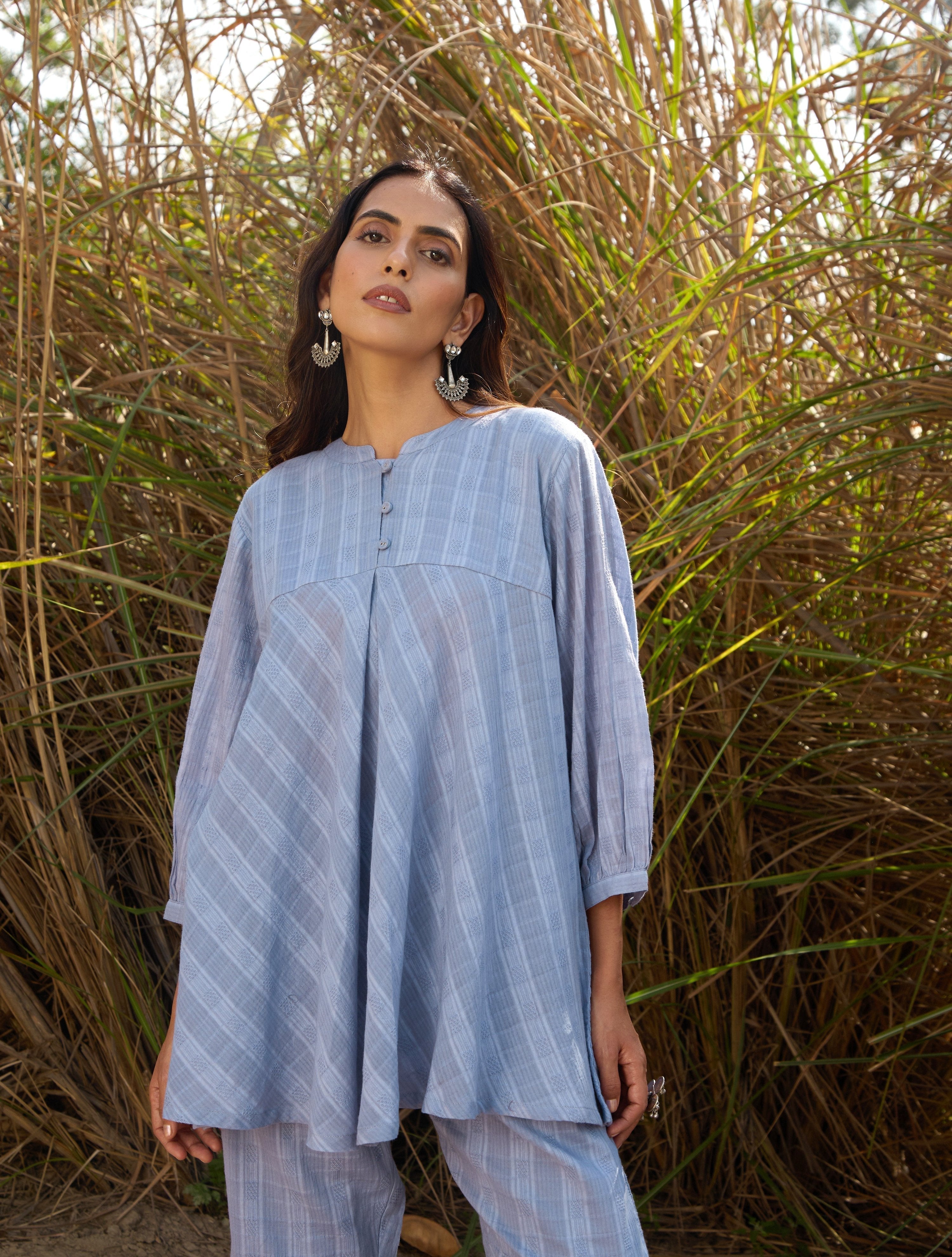 trueBrowns Light Blue Cotton Dobby Flared Co-ord Set | Grocsy