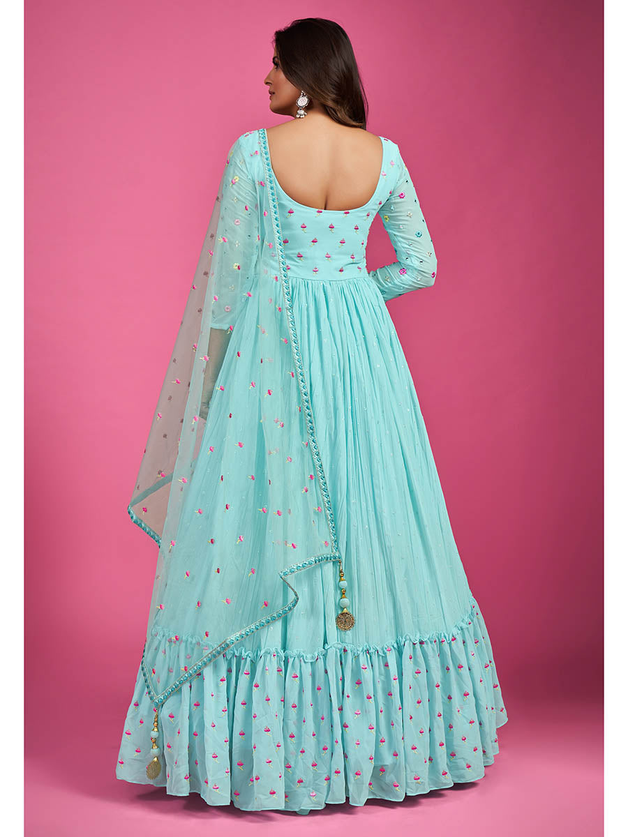 Myra Blue Chinon Silk Embroidered Gown | Grocsy