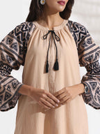 trueBrowns Beige Cotton Print Long Dress | Grocsy