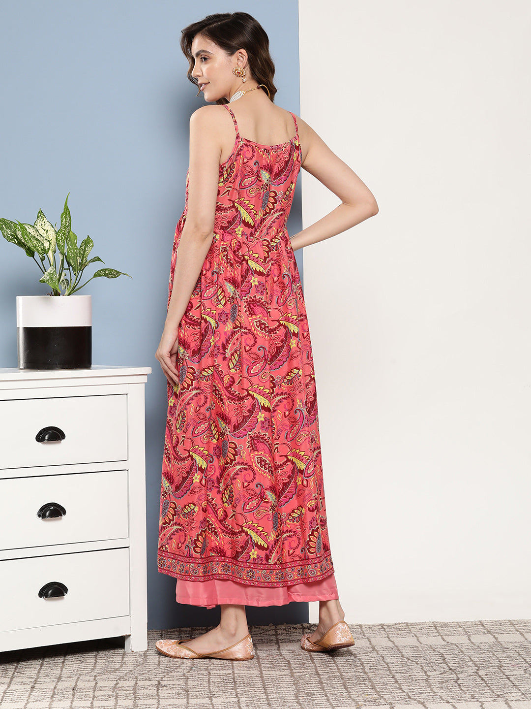 InWeave Women's Camelia Pastel Peach Print Strappy Kurta Set | Grocsy