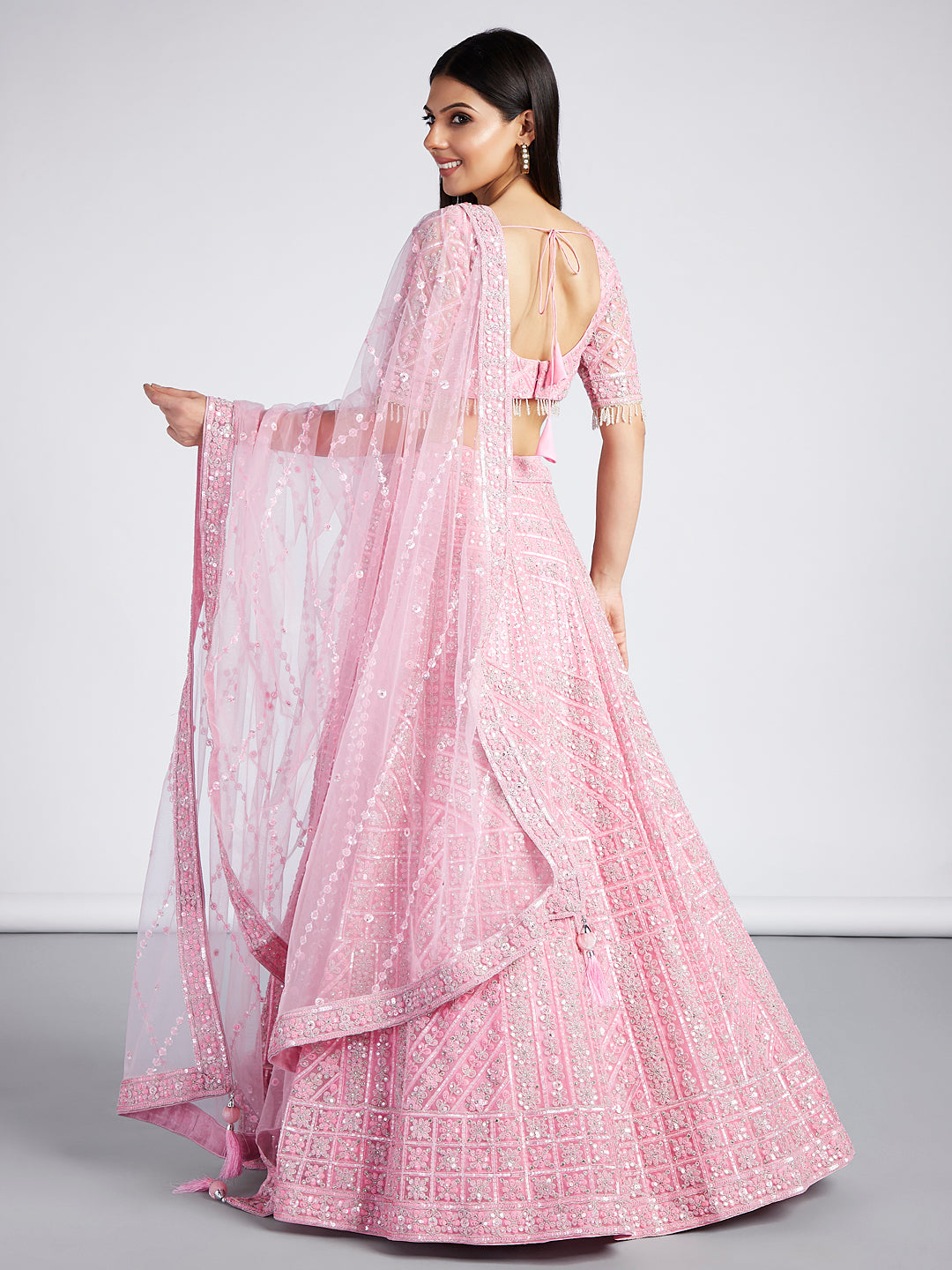 House of Panchhi Pink Net Sequins, Zarkan And Thread Embroidery Lehenga Choli & Dupatta | Grocsy