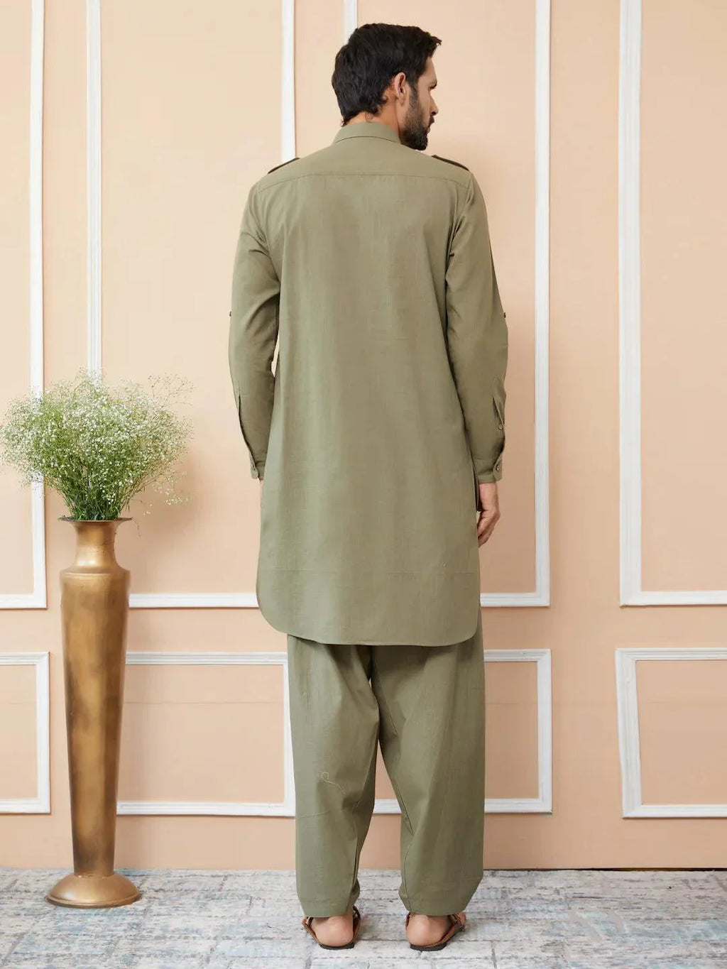 Fabmade Olive Cotton Linen Pathani Kurta With Salwar | Grocsy