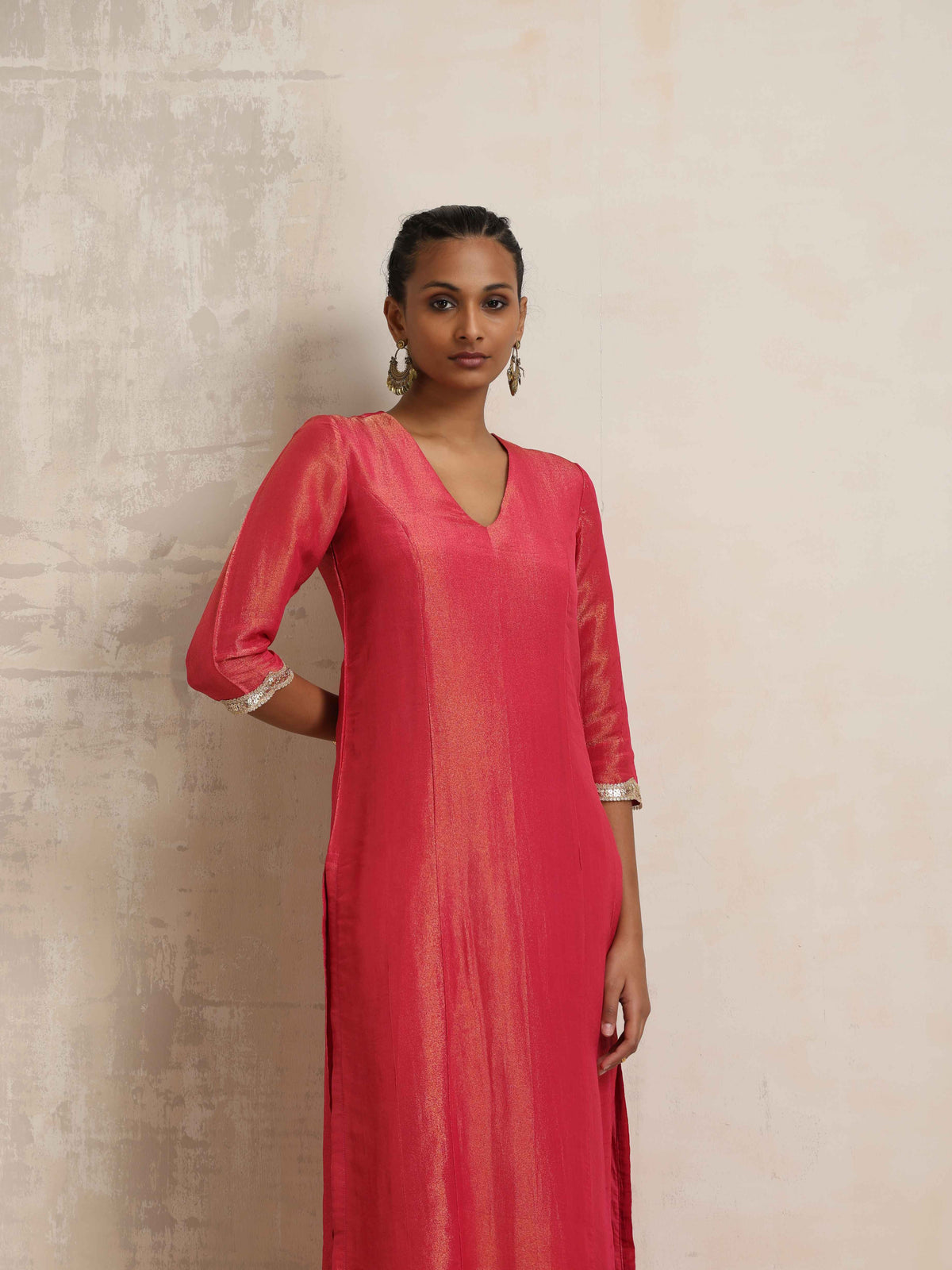 trueBrowns Hot Pink Tissue Straight Kurta Set | Grocsy