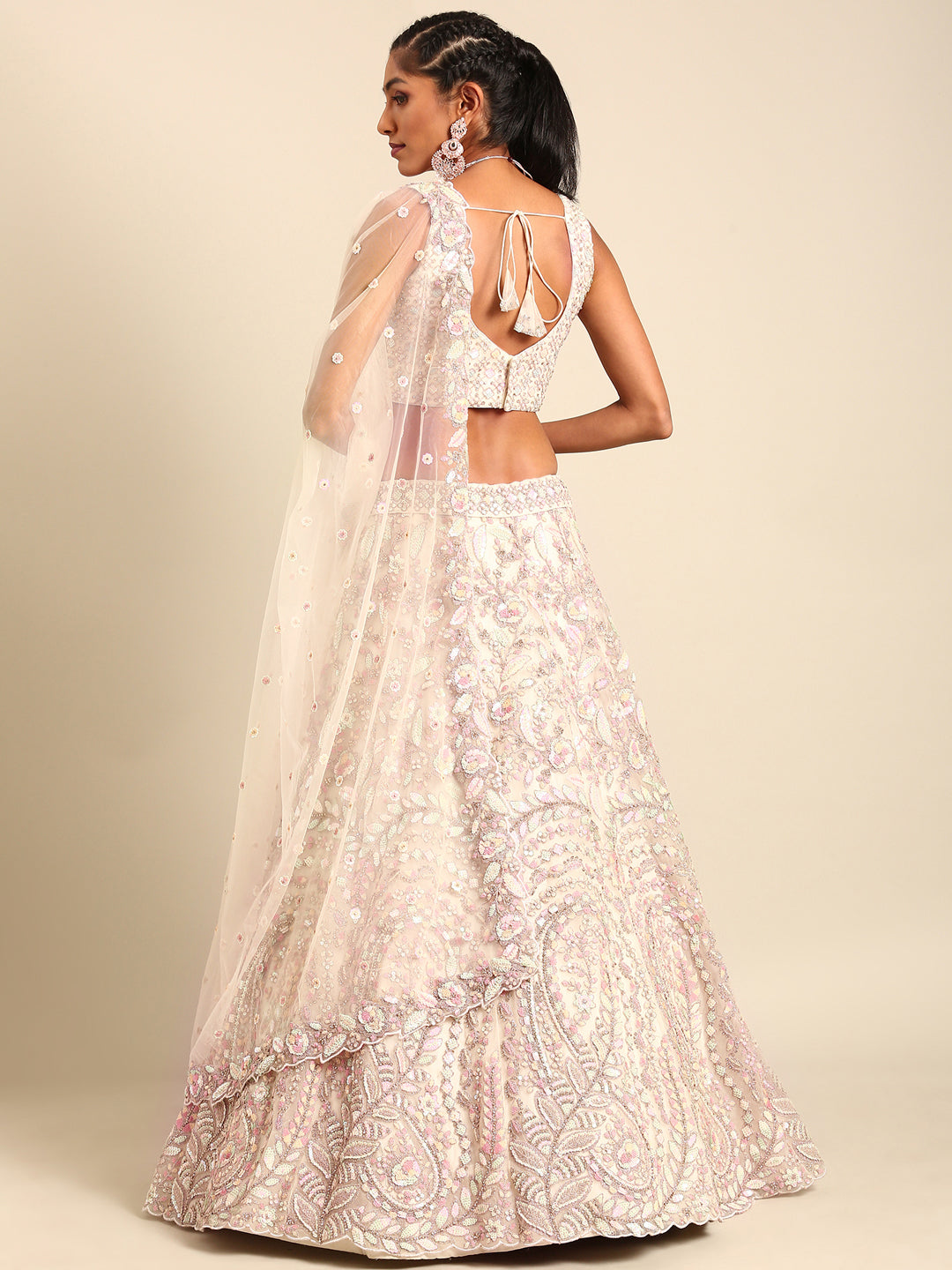 House of Panchhi Cream Net Multi Sequins with heavy Zarkan embroidery Lehenga choli & Dupatta | Grocsy