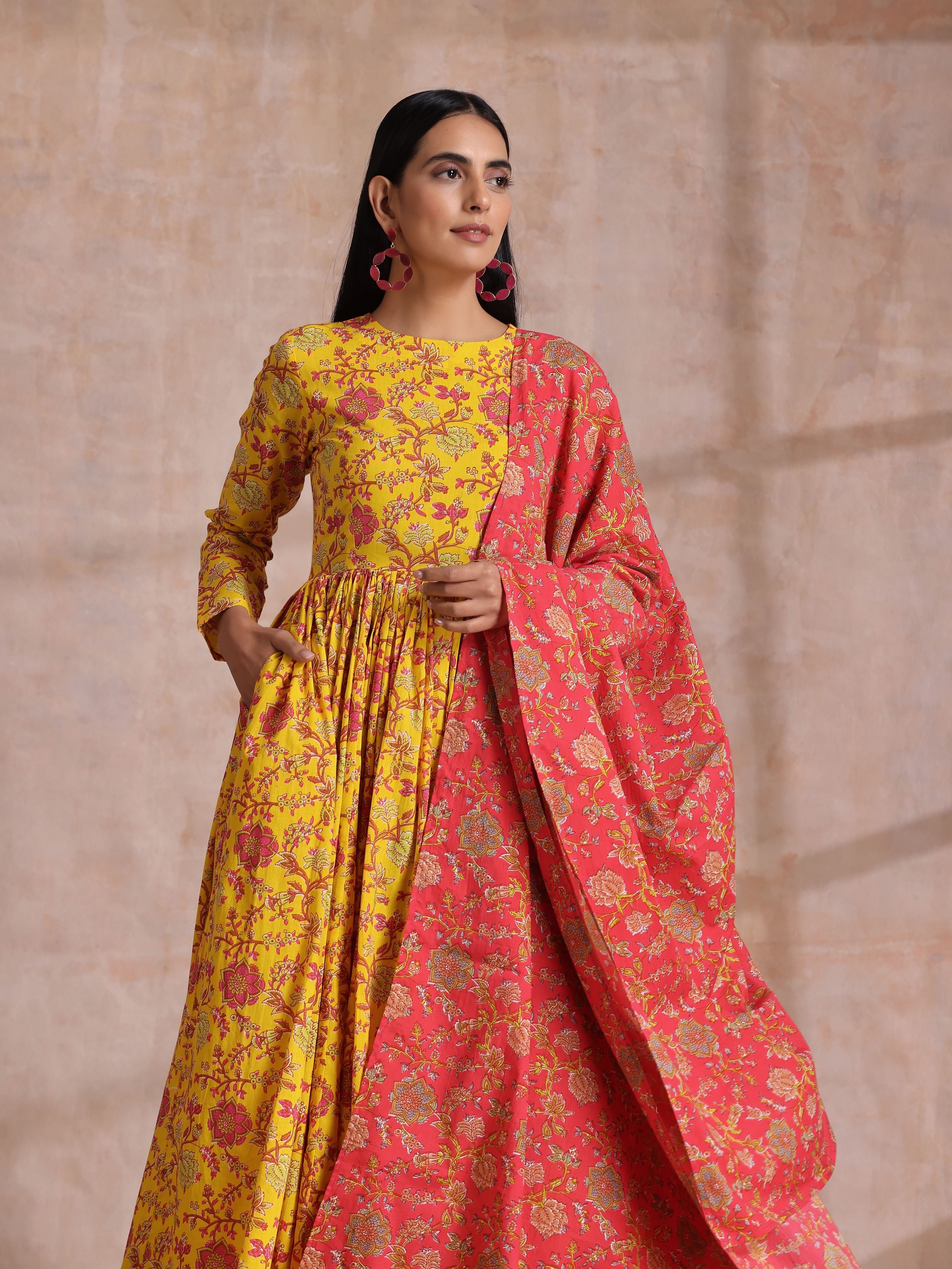 trueBrowns Sunshine Yellow Overall Floral Block Print Cotton Kurta Pant Dupatta Set | Grocsy