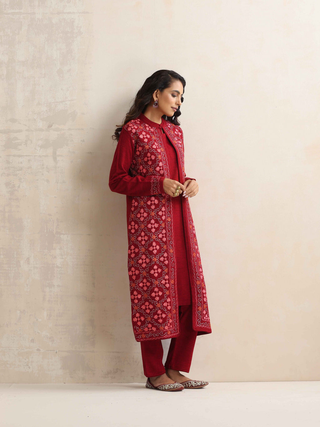 trueBrowns Maroon Kashmiri Woollen Jacket 3pc Set | Grocsy
