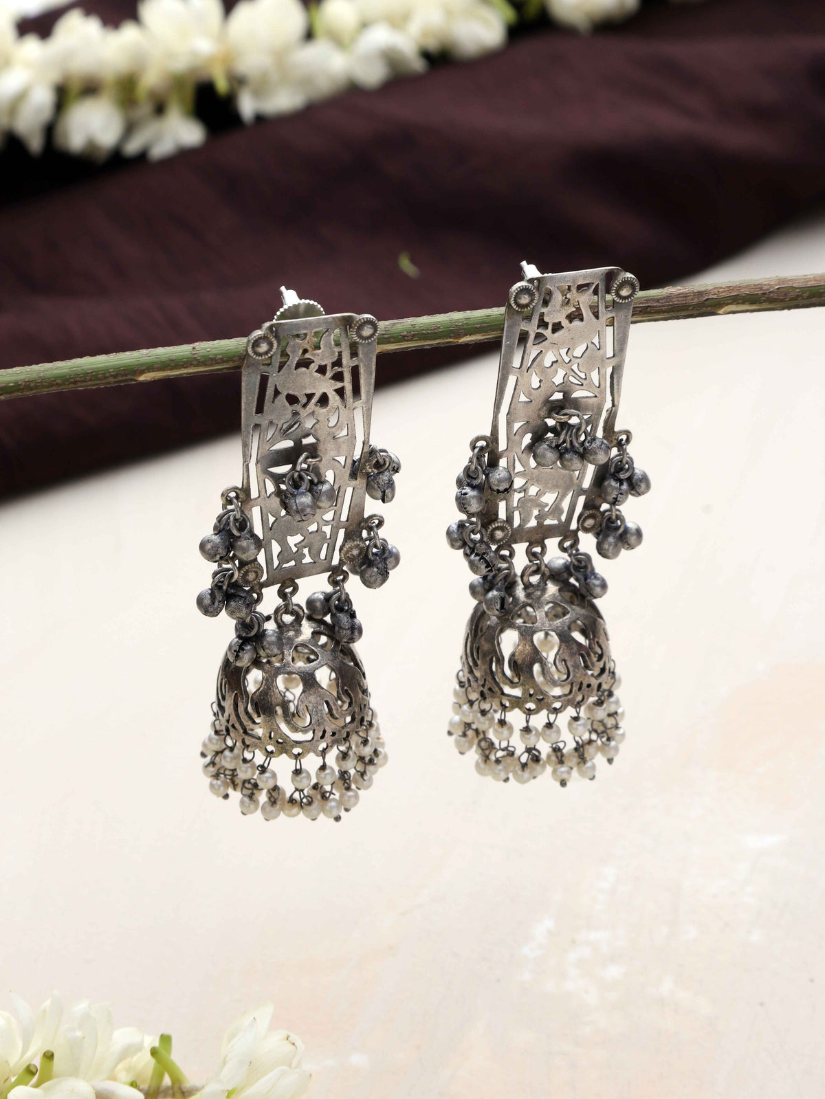 trueBrowns Silver Tone Floral Jhumka Earrings | Grocsy