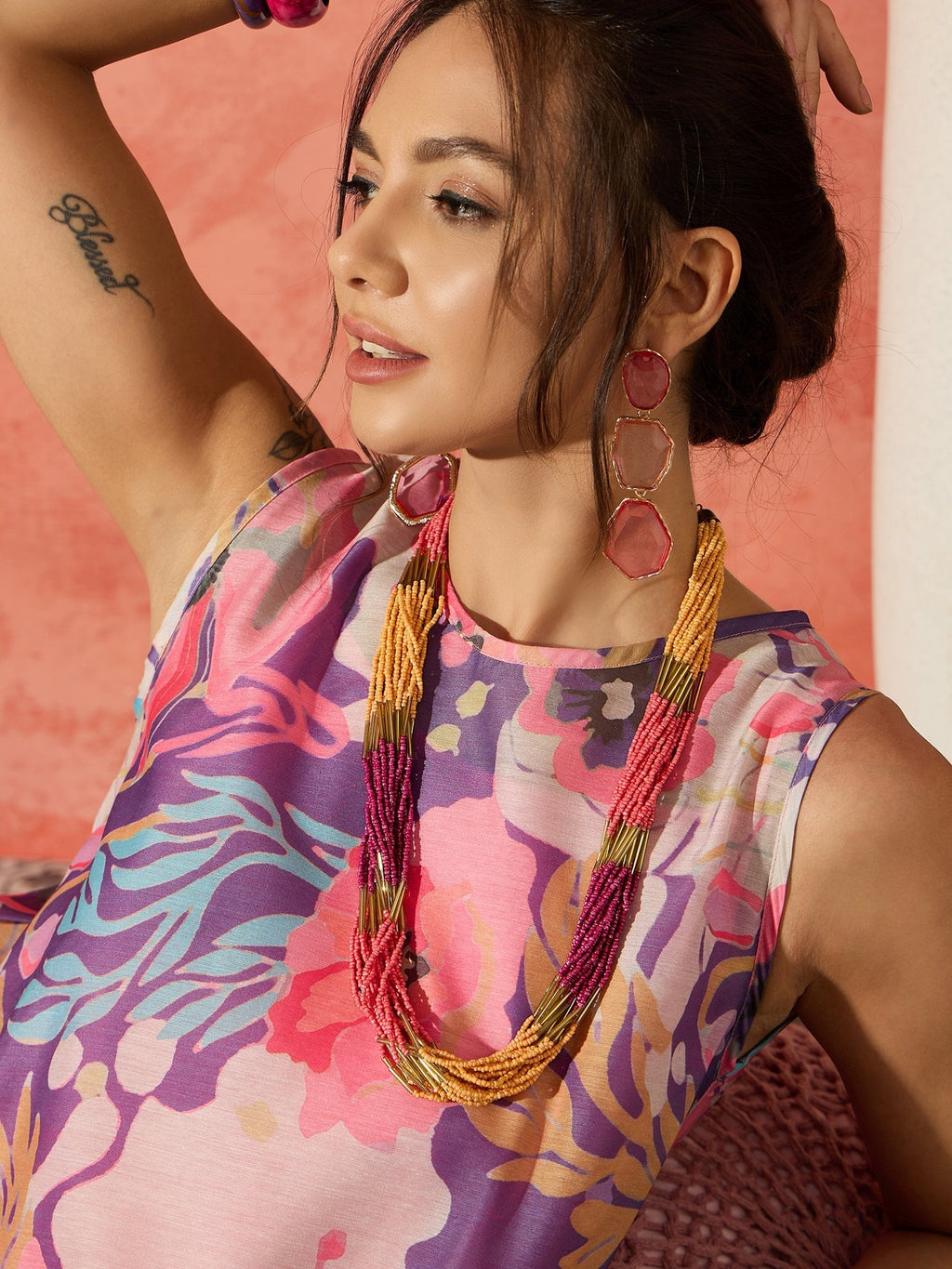 InWeave Purple Floral Peach Asymmetrical Dress | Grocsy