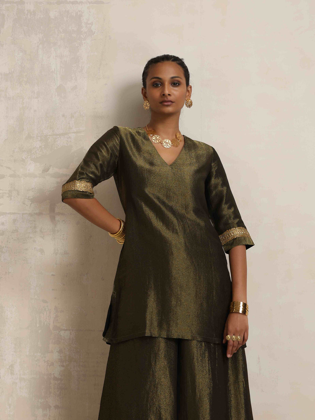 trueBrowns Olive Green Tissue Sharara Set | Grocsy