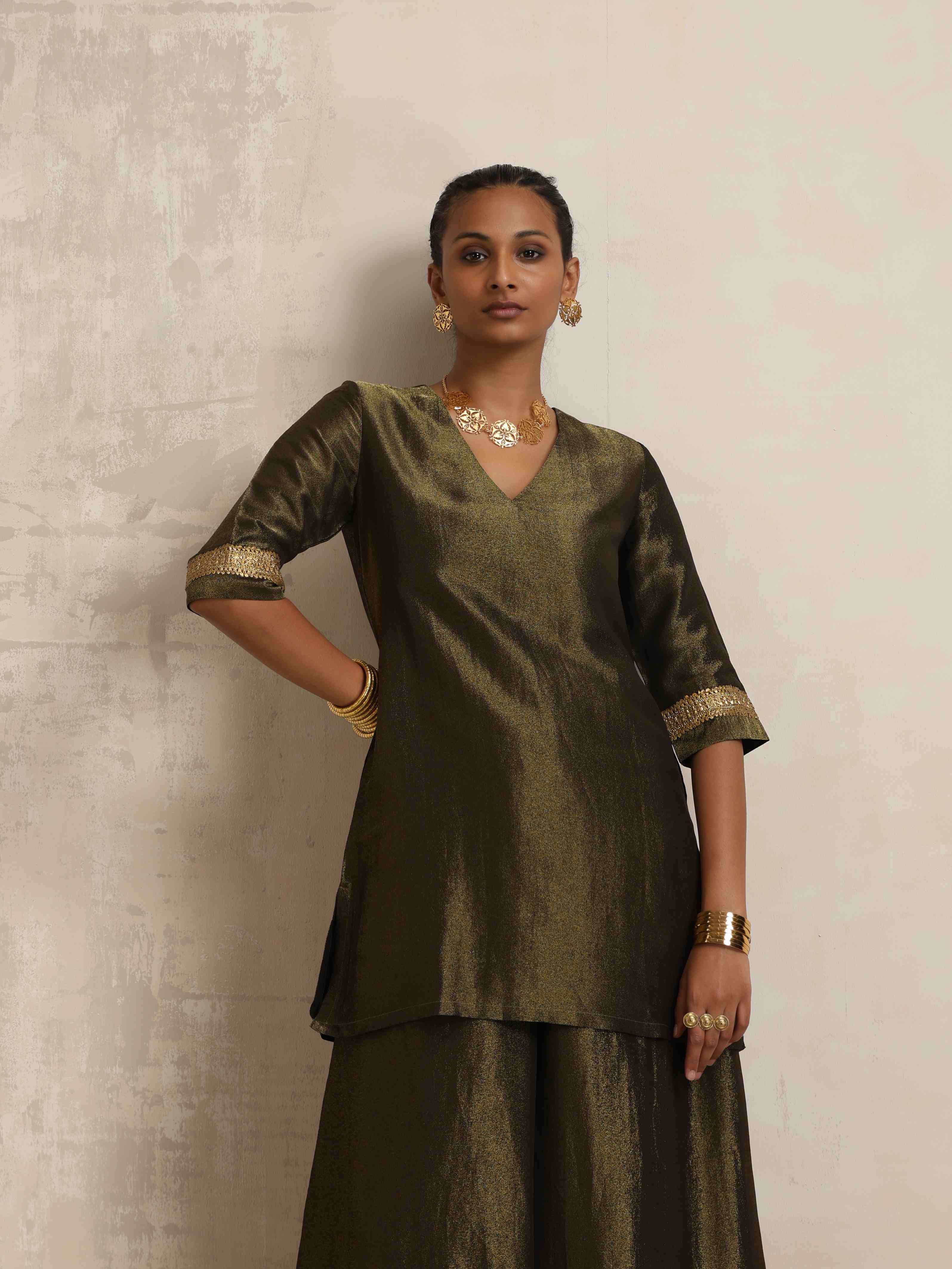 trueBrowns Olive Green Tissue Sharara Set | Grocsy