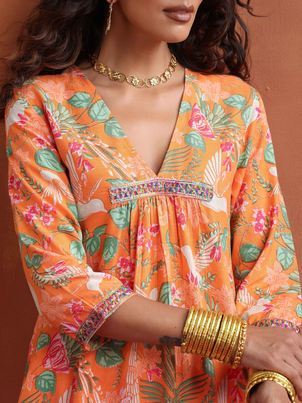 trueBrowns Orange Floral Print A-line Kurta Set | Grocsy