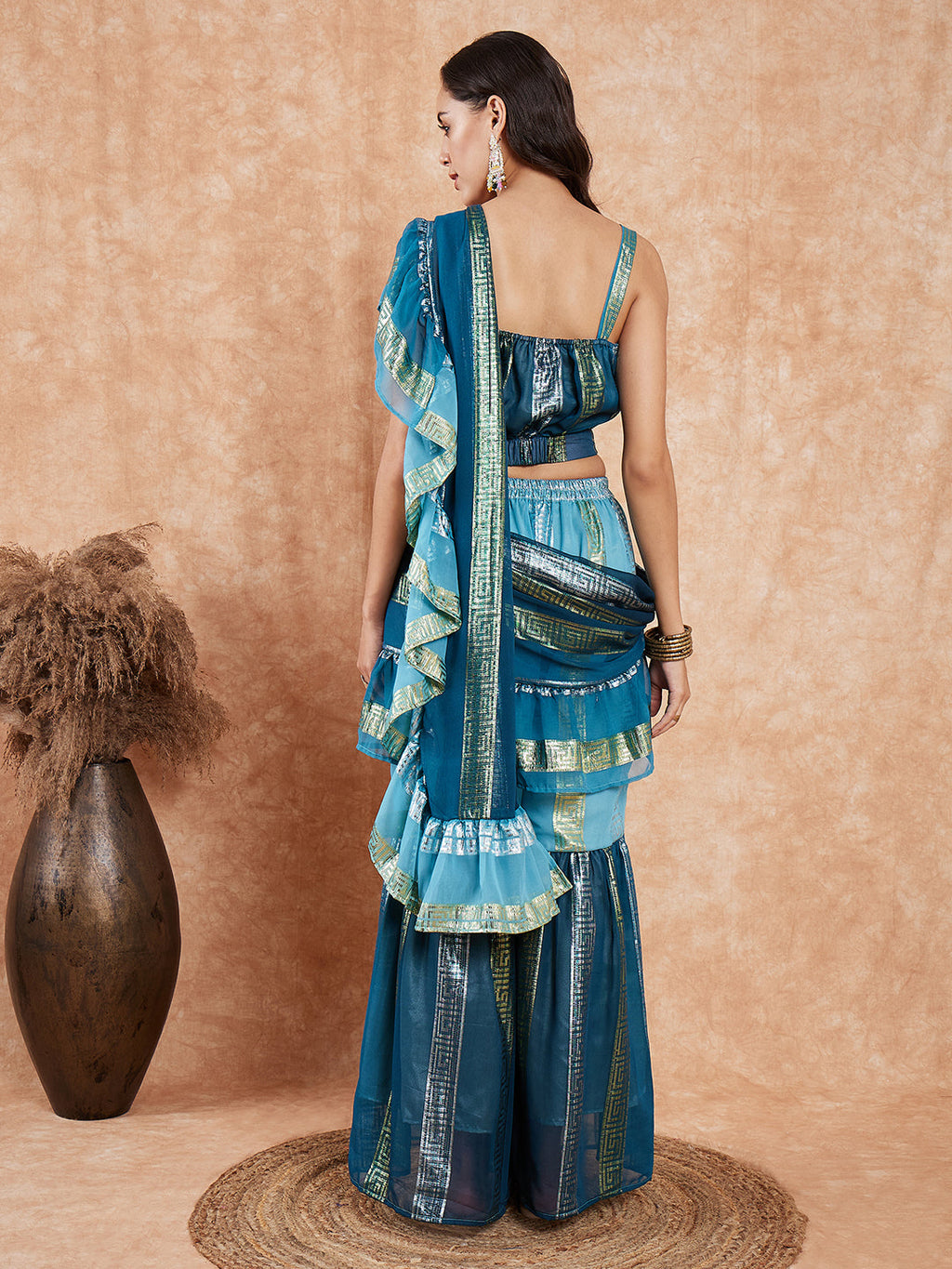 InWeave Women's Teal Shaded Lurex Frill Sharara Saree | Grocsy