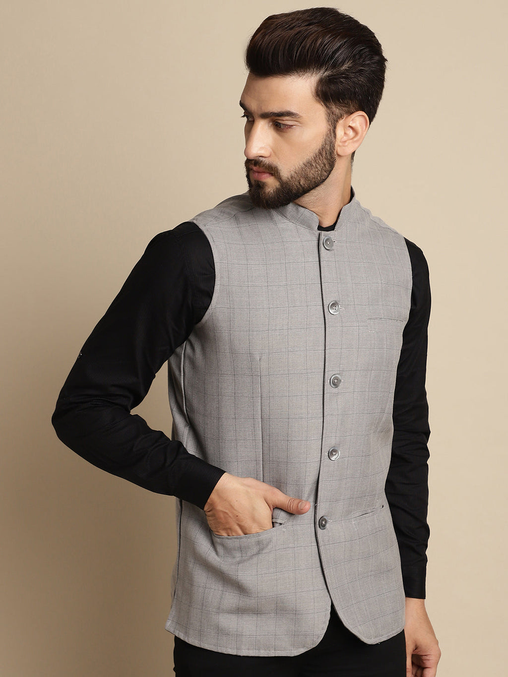 Even Apparels Men's Grey Mandarin Collar Waistcoat | Grocsy
