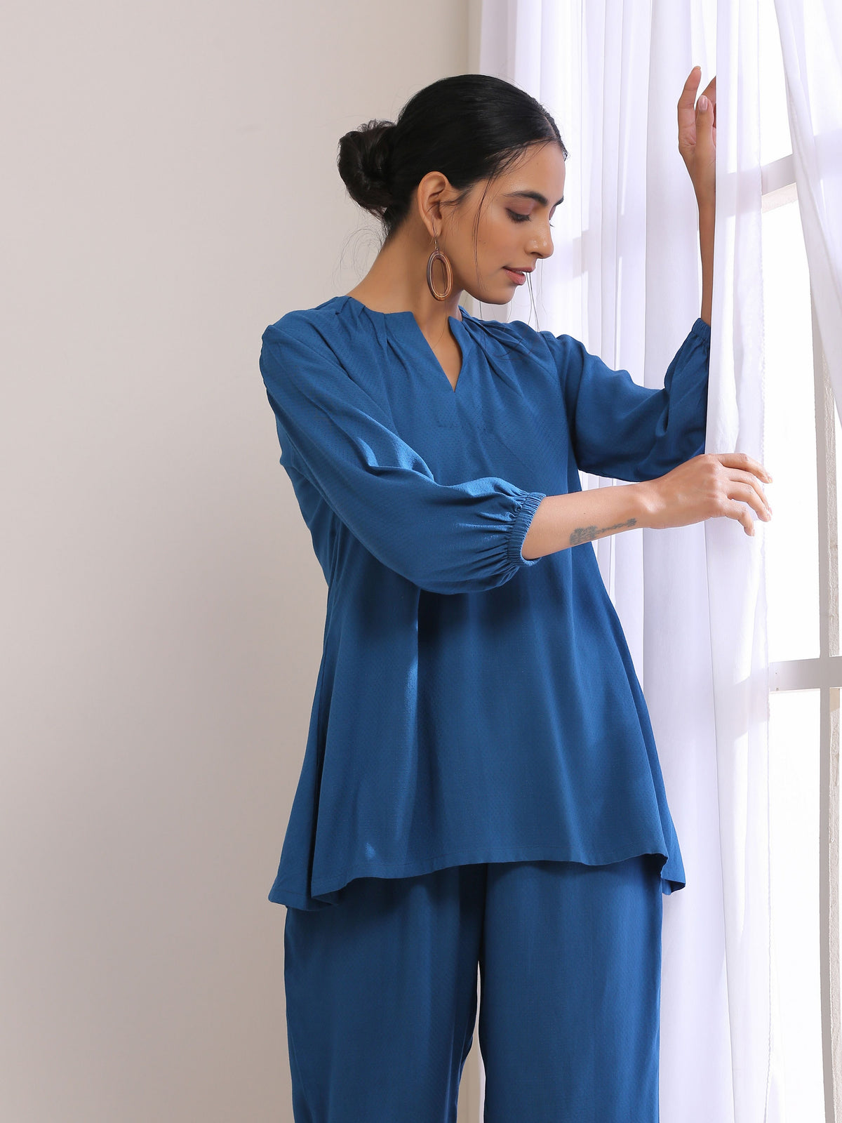 trueBrowns Classic Blue Dobby Pleated Co-Ord Set | Grocsy