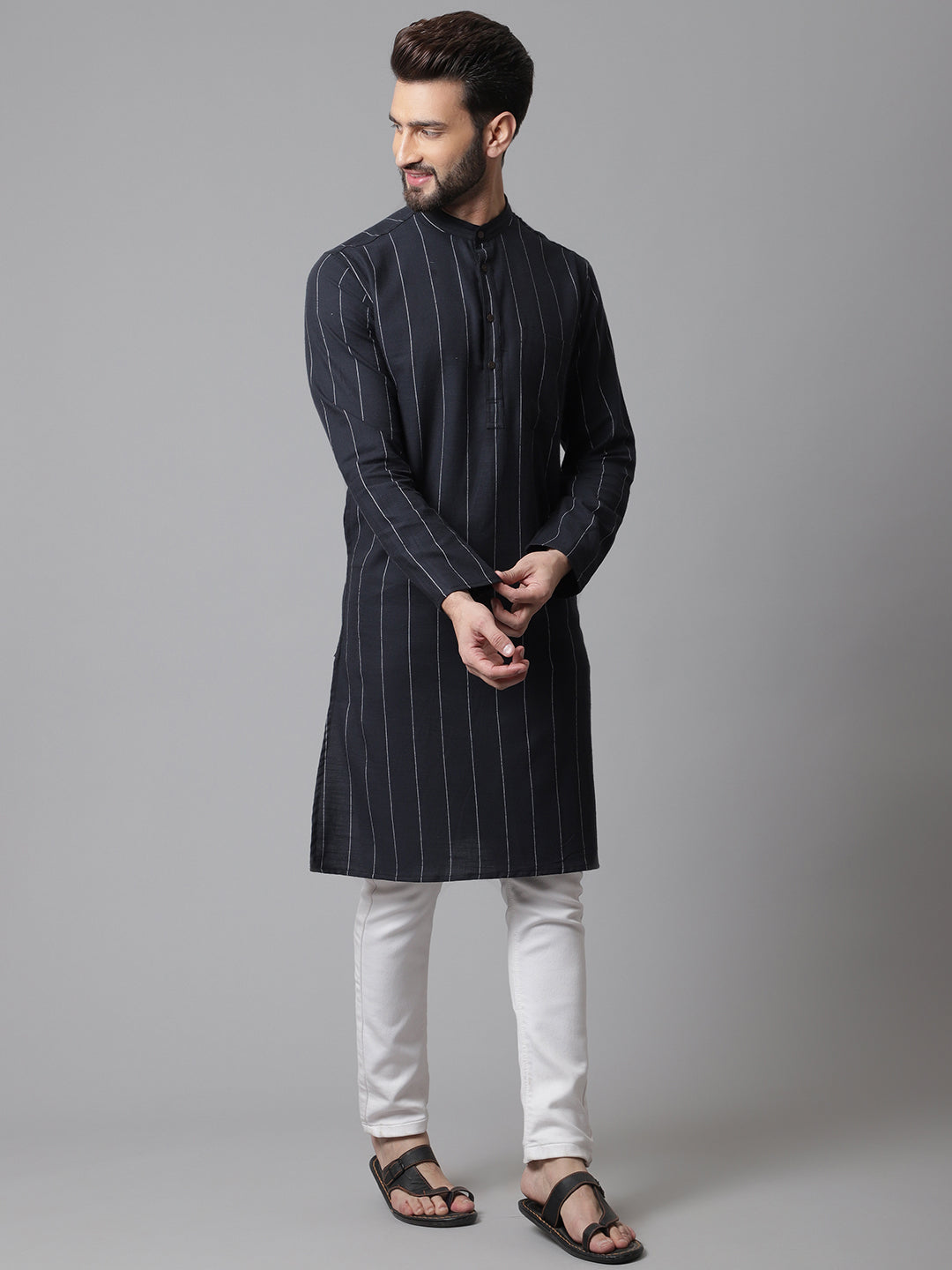 Even Apparels Black Pure Cotton Kurta With Band Collar | Grocsy