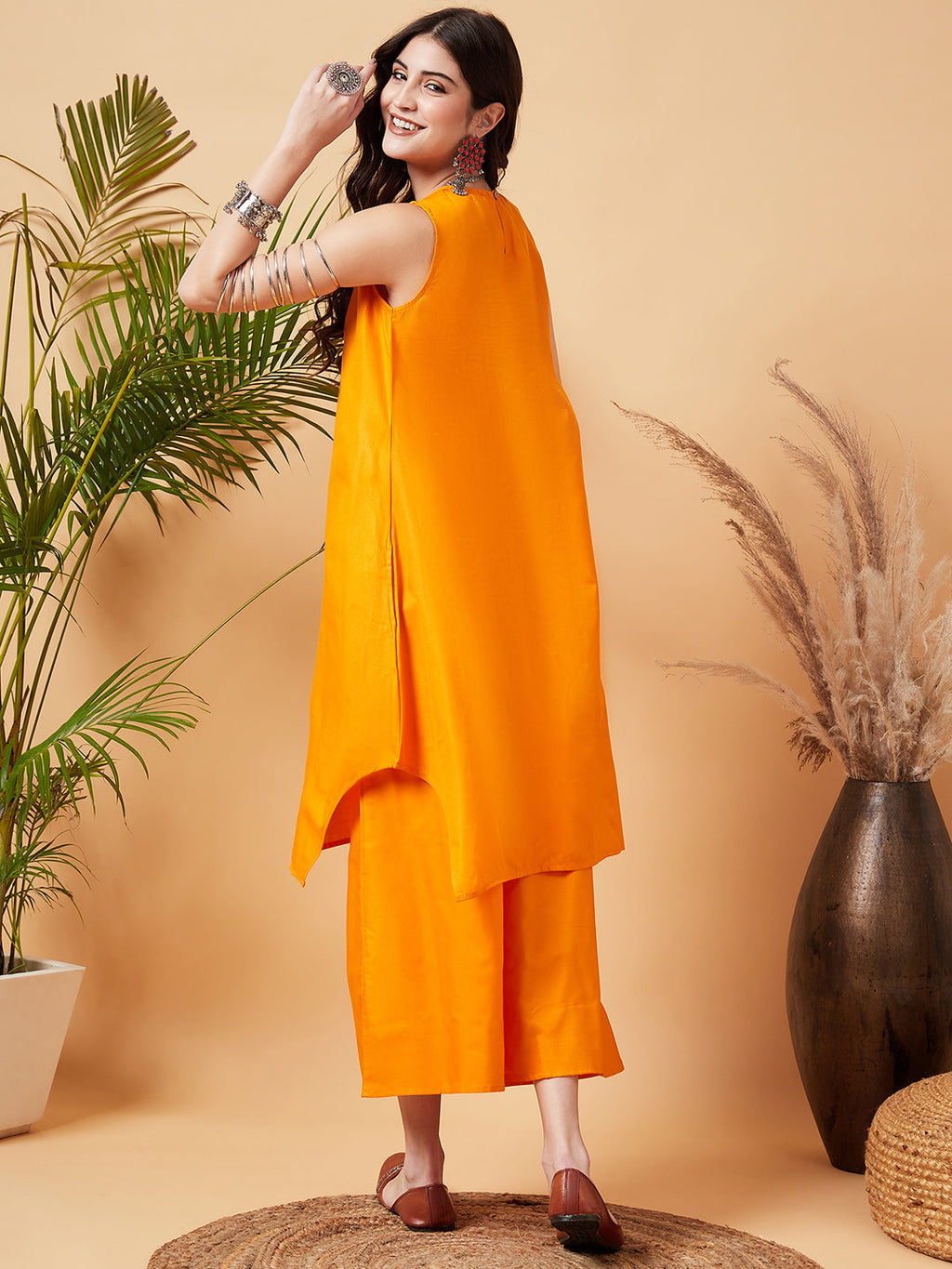 InWeave Women's Tangy Orange Short Kurta Palazzo Set | Grocsy