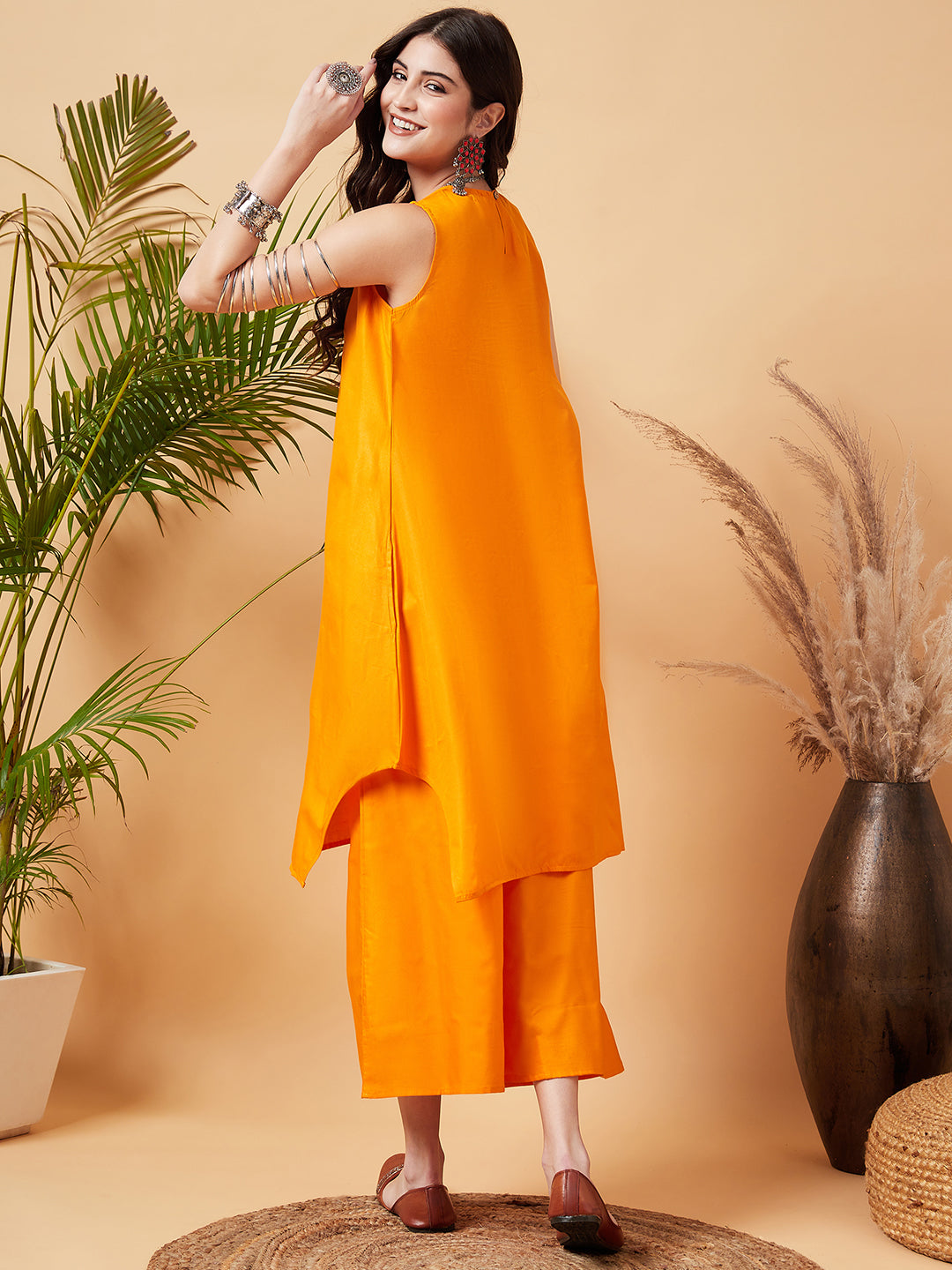 InWeave Women's Tangy Orange Short Kurta Palazzo Set | Grocsy
