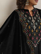 trueBrowns Black Velvet Geometric Embroidered Kurta Pant Dupatta Set | Grocsy