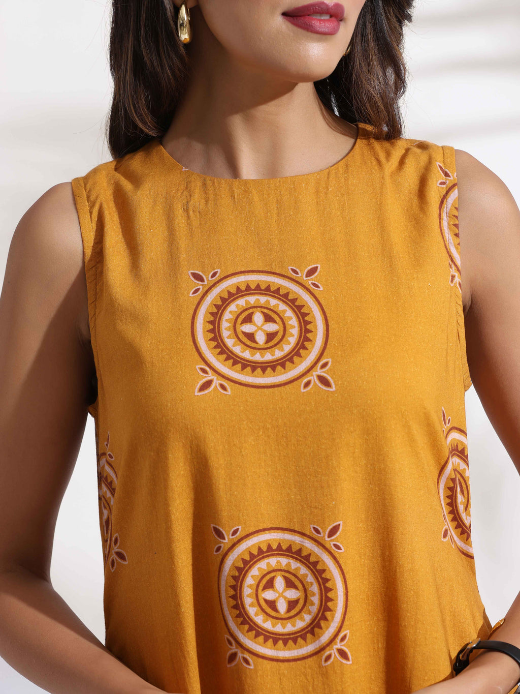 trueBrowns Mustard Cotton Print Tier Dress | Grocsy