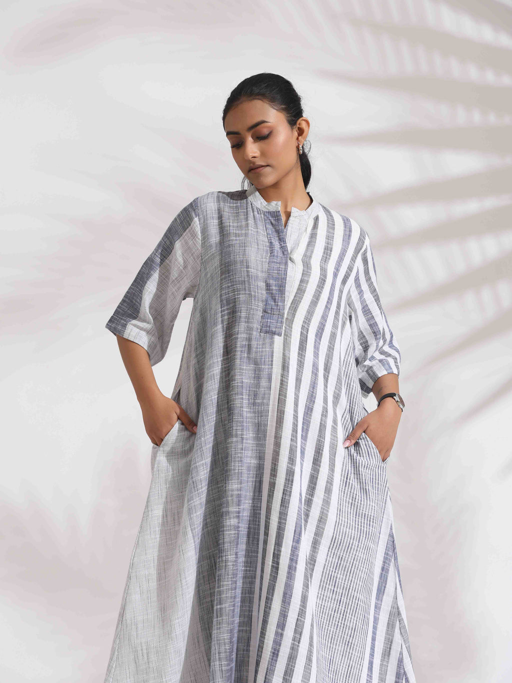 trueBrowns Off-White Cotton Multi Stripe Flared Dress | Grocsy