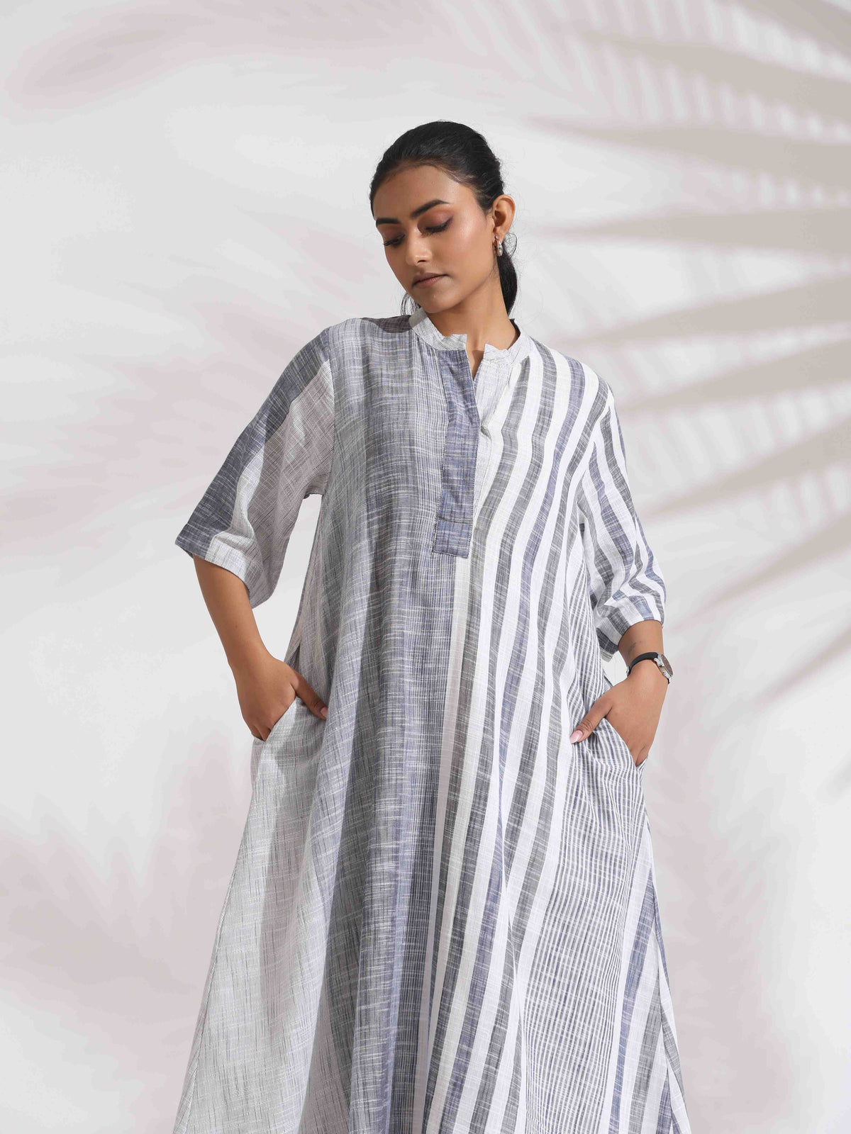trueBrowns Off-White Cotton Multi Stripe Flared Dress | Grocsy
