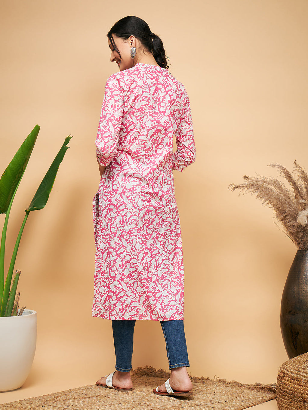 InWeave Women's Pink Foil White Print Angrakha Stright Kurta | Grocsy