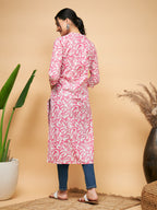 InWeave Women's Pink Foil White Print Angrakha Stright Kurta | Grocsy
