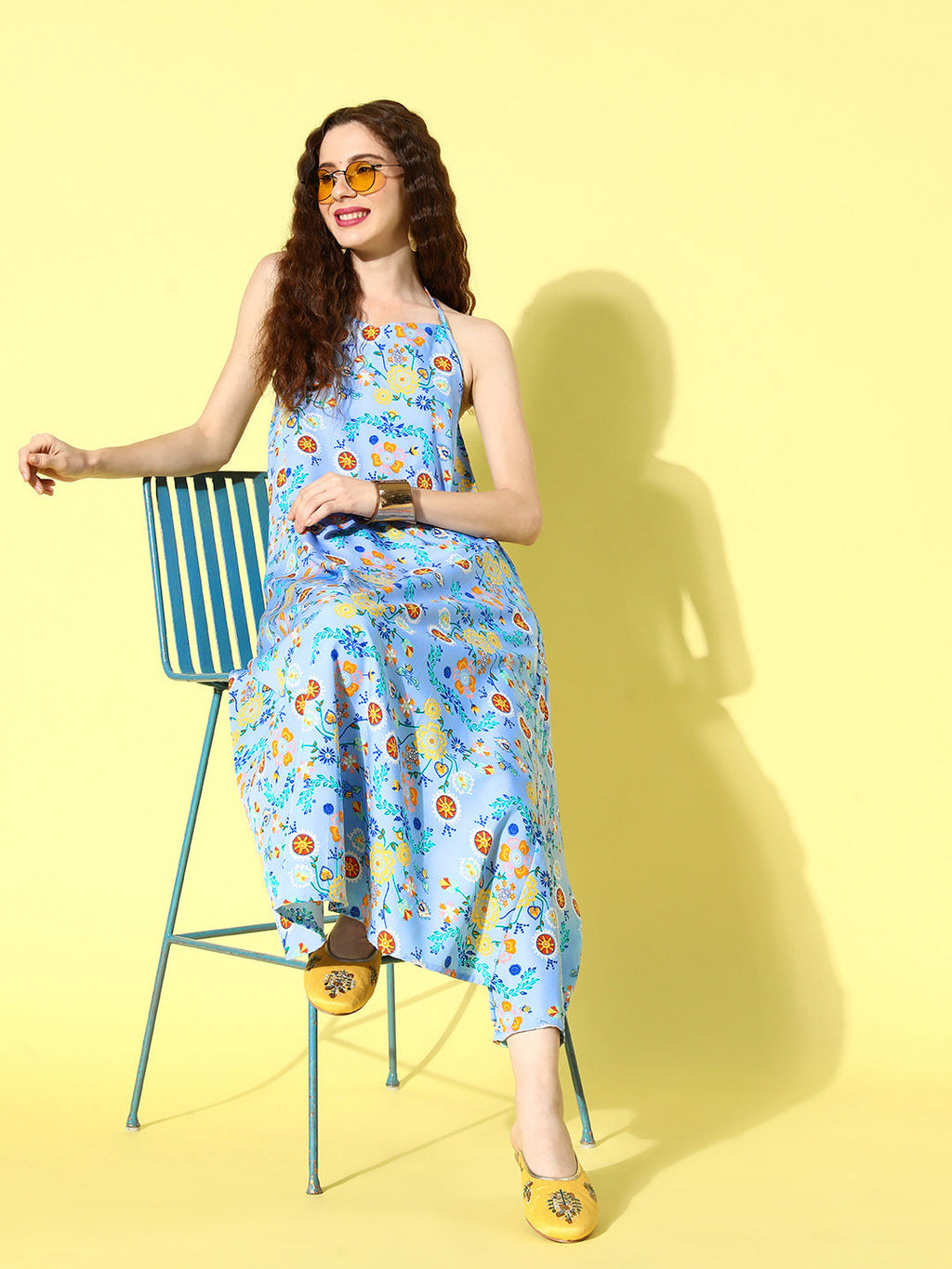 InWeave Women's Sky Blue Print Backless Long Kurta Pant Set | Grocsy
