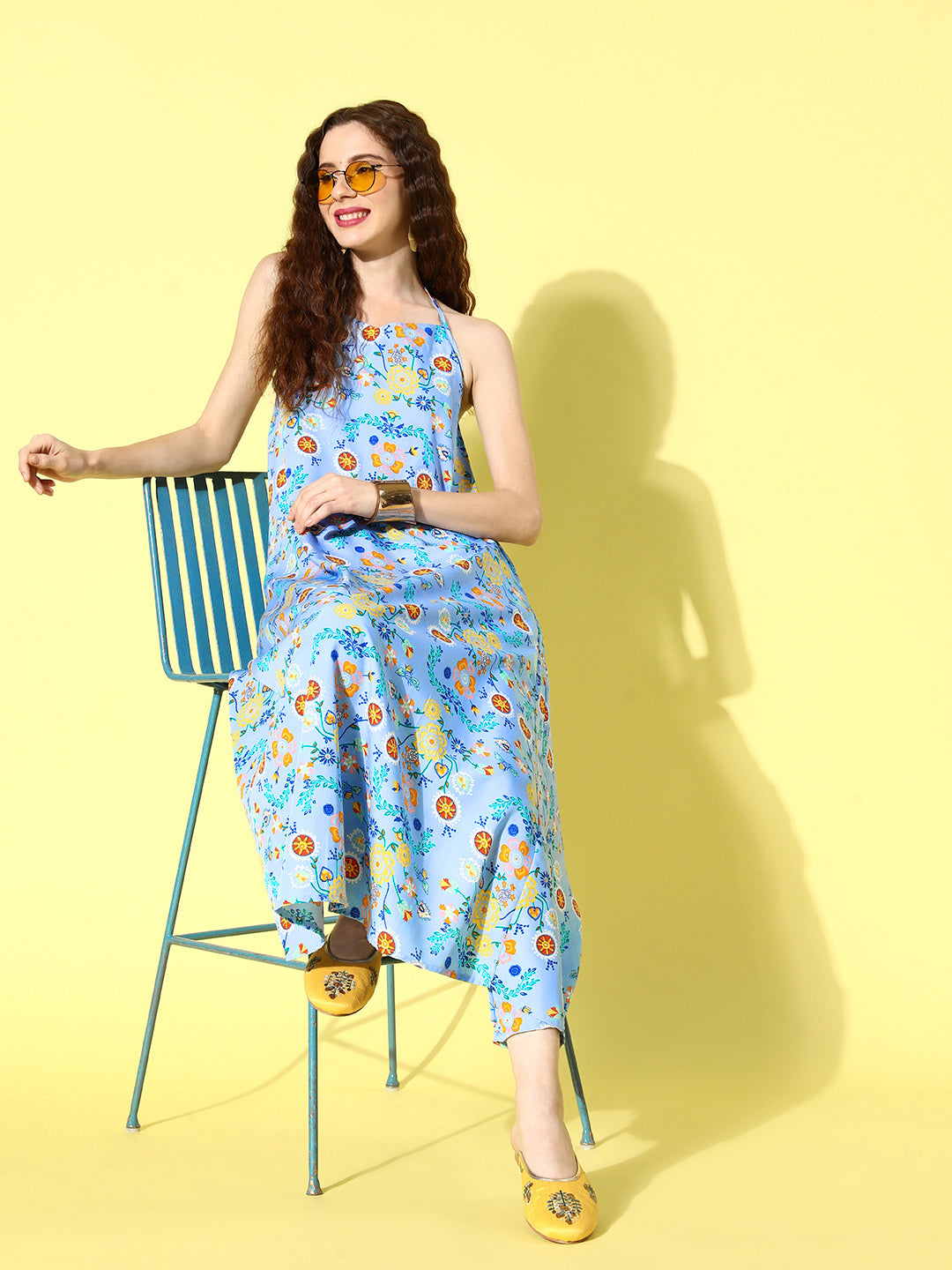 InWeave Women's Sky Blue Print Backless Long Kurta Pant Set | Grocsy