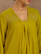 trueBrowns Lime Velvet Yoke Embroidered Kurta | Grocsy