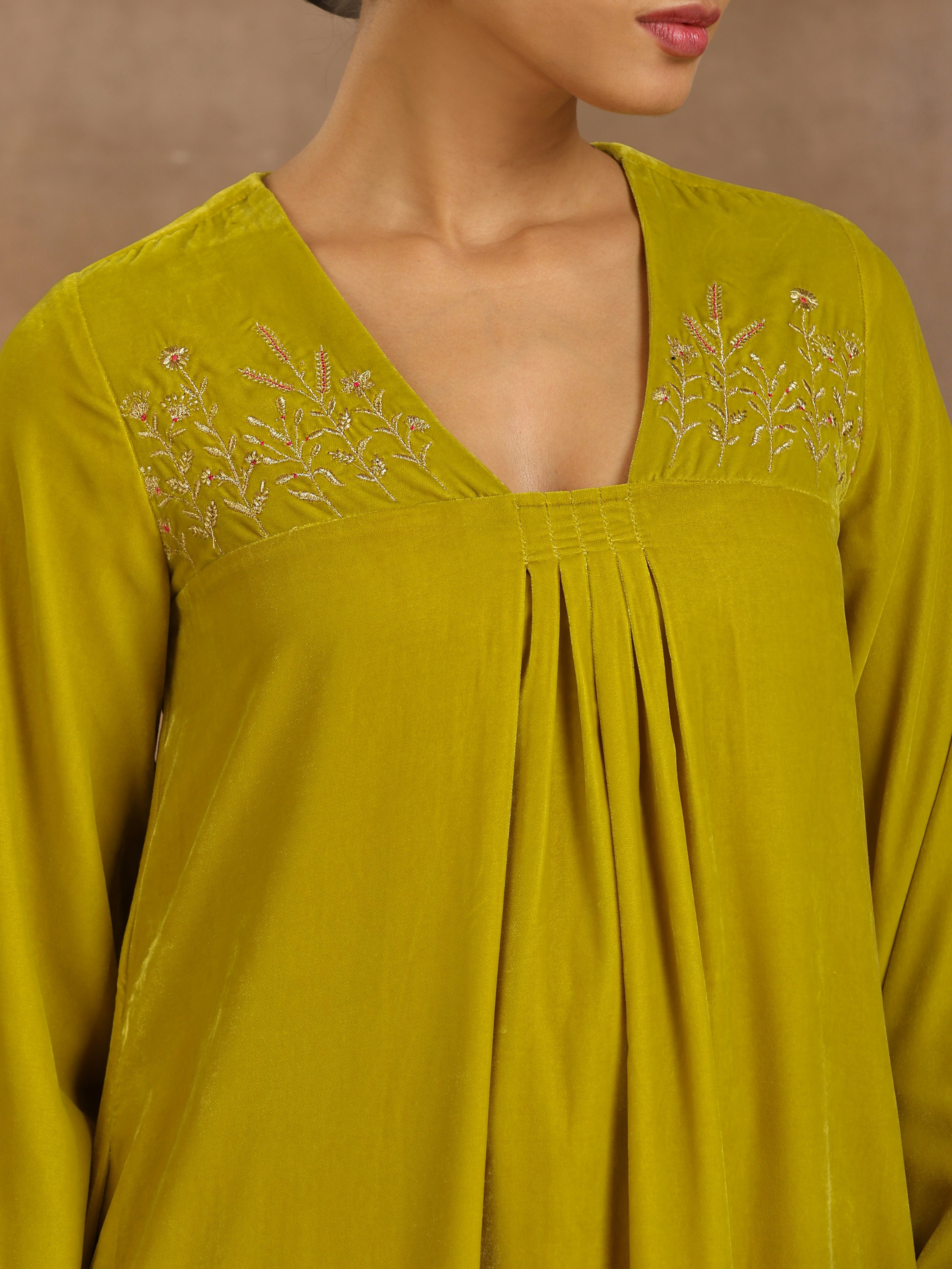 trueBrowns Lime Velvet Yoke Embroidered Kurta | Grocsy