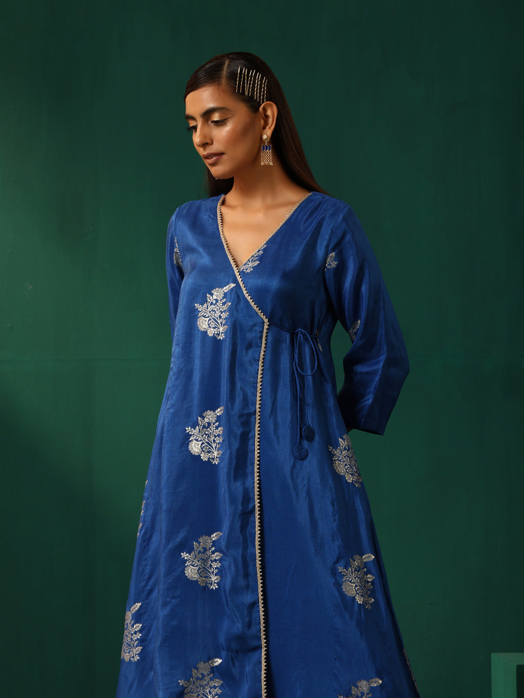 trueBrowns Royal Blue Floral Viscose Silk Angrakha Kurta Pant Set | Grocsy