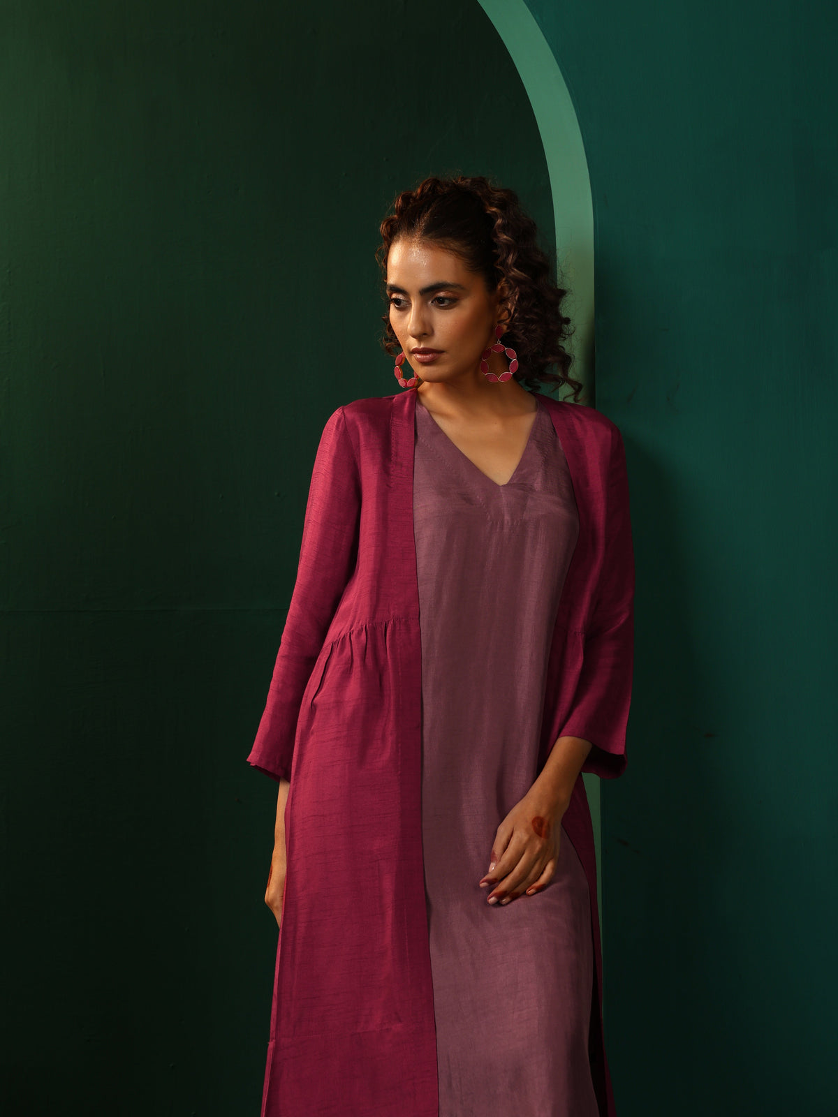 trueBrowns Maroon Light Mauve Silk Jacket Kurta Set | Grocsy