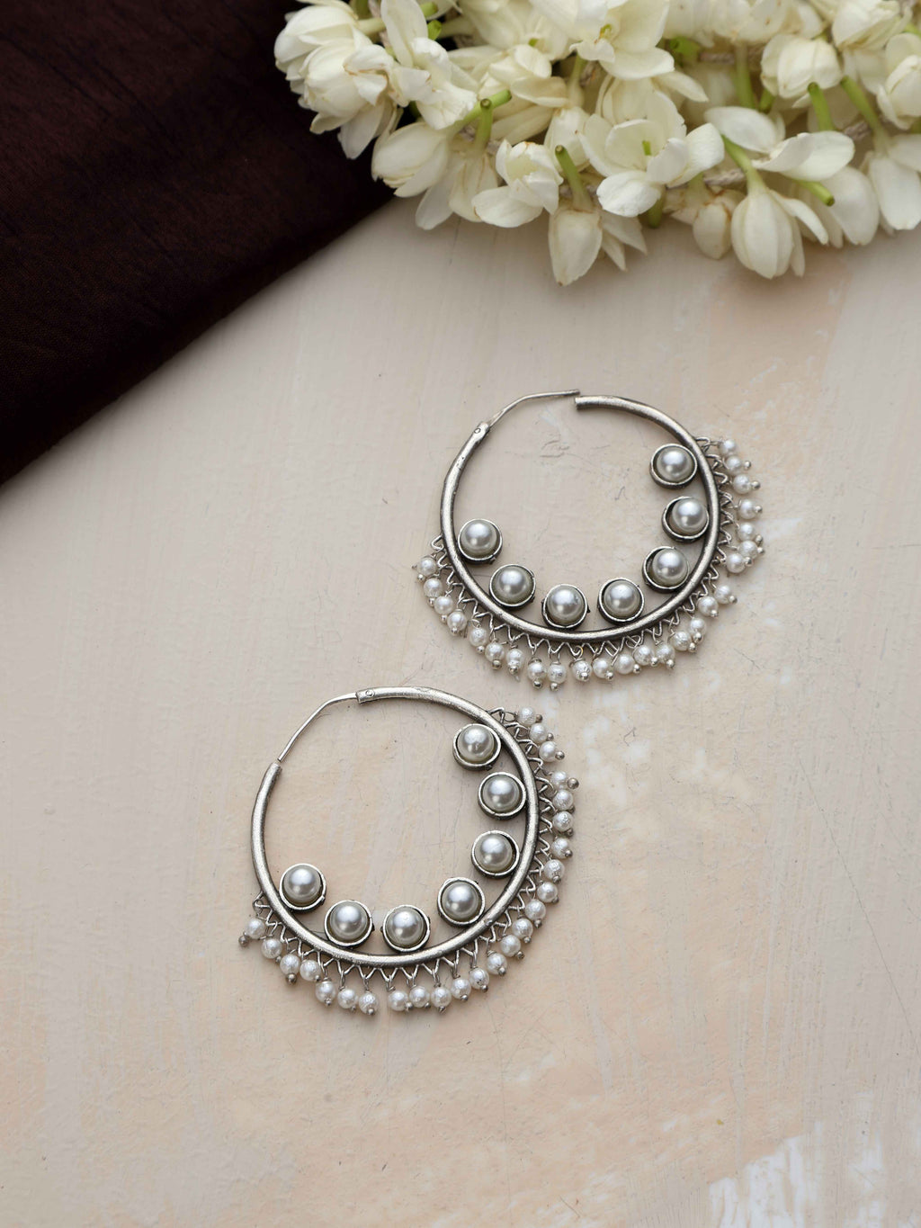 trueBrowns Silver Tone Pearl Hoop Earrings | Grocsy