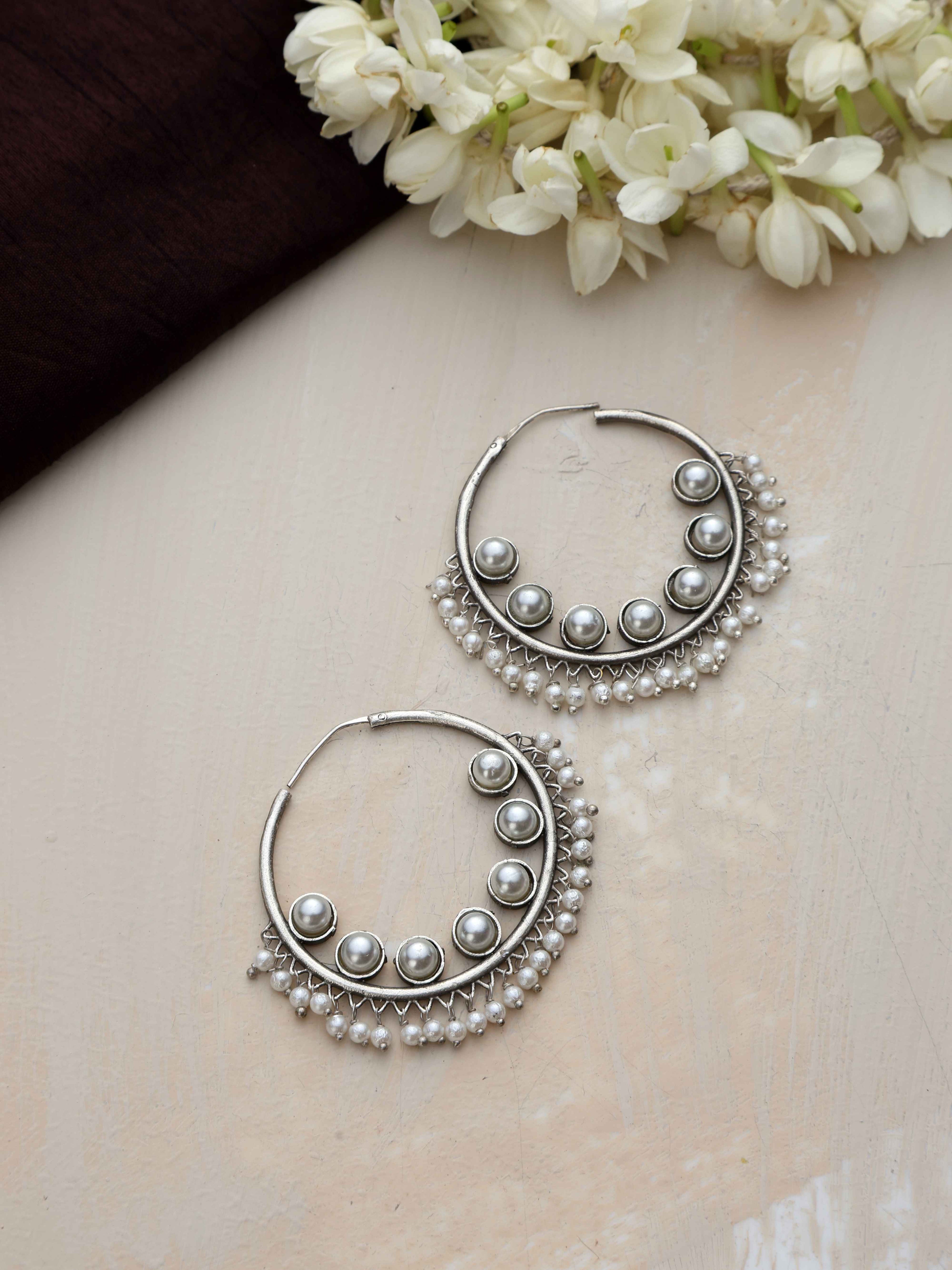 trueBrowns Silver Tone Pearl Hoop Earrings | Grocsy