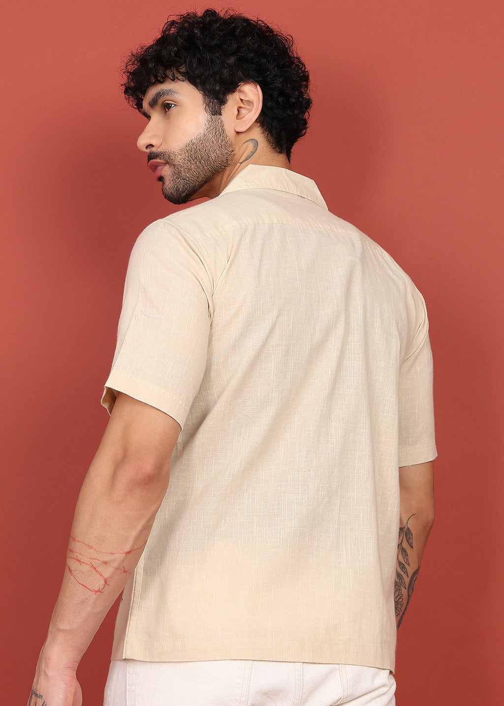 Fabmade Beige Bloom Embroidered Resort Shirt | Grocsy