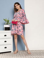 InWeave Women's Pink Floral Blue Bell Sleeve Dress | Grocsy