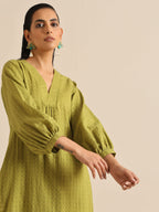 trueBrowns Fresh Green Dobby Puff Sleeve Kurta Pant Set | Grocsy