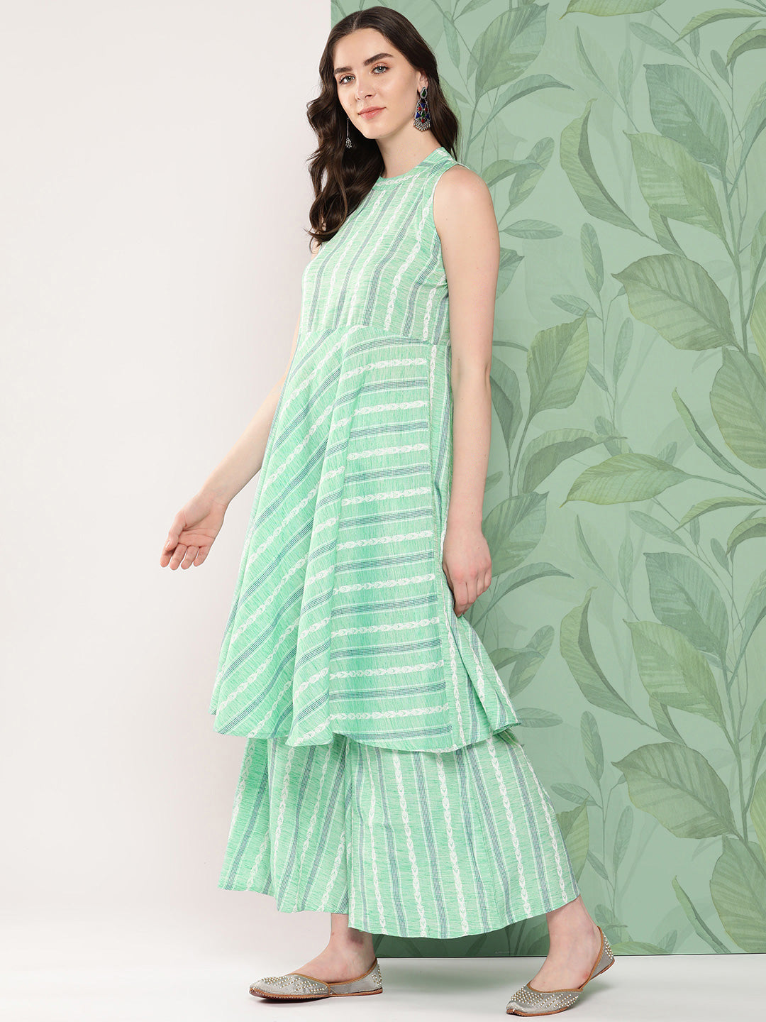 InWeave Women's Teal Kantha Striped Kurta Set | Grocsy