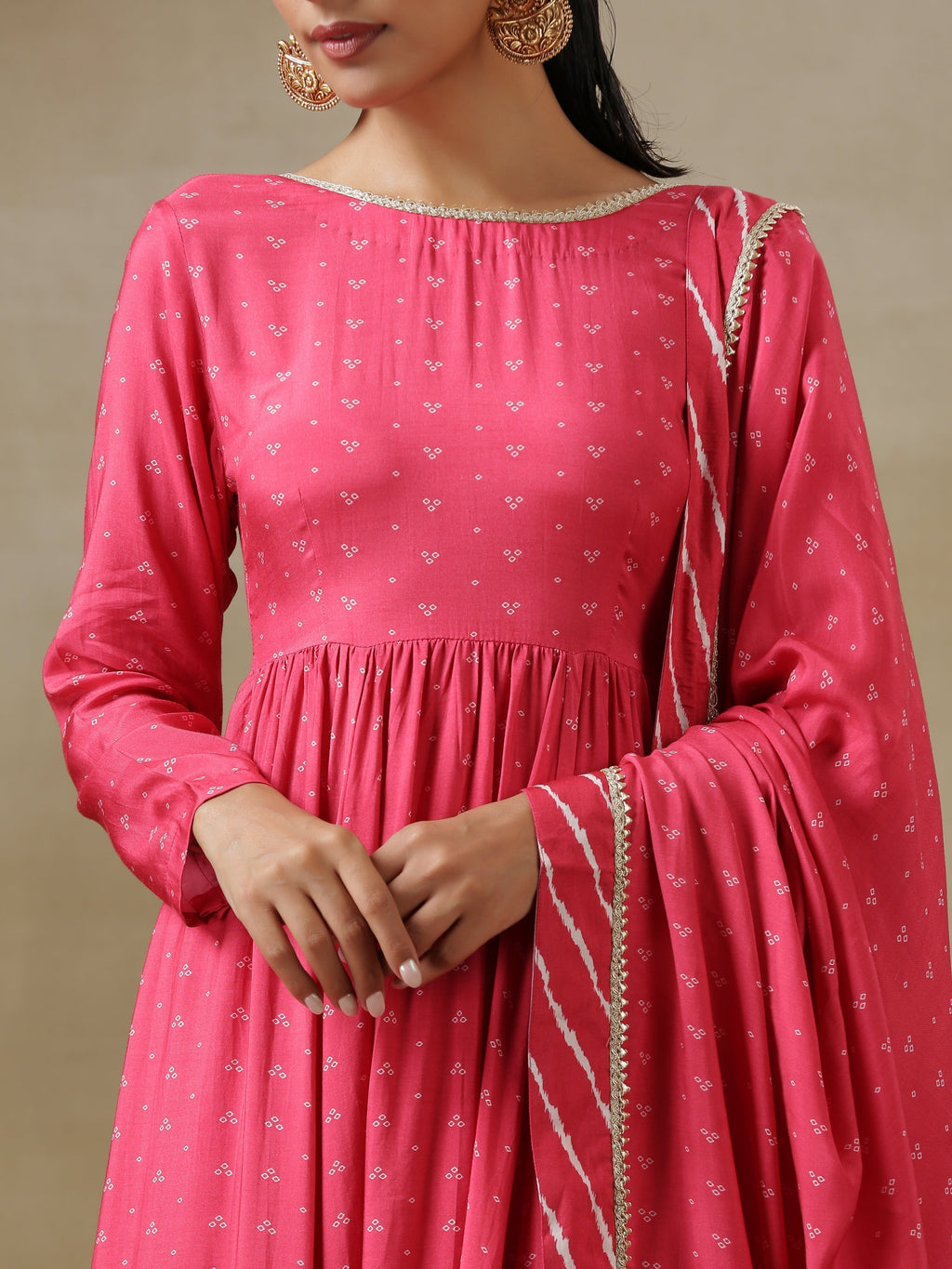 trueBrowns Pink Bandhani Printed Silk Anarkali Kurta Pant Dupatta Set | Grocsy