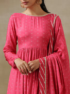 trueBrowns Pink Bandhani Printed Silk Anarkali Kurta Pant Dupatta Set | Grocsy