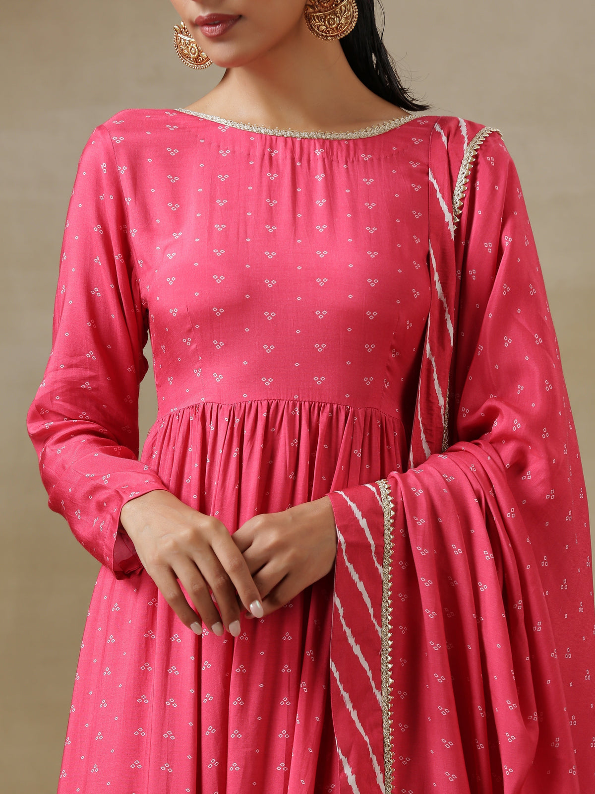 trueBrowns Pink Bandhani Printed Silk Anarkali Kurta Pant Dupatta Set | Grocsy