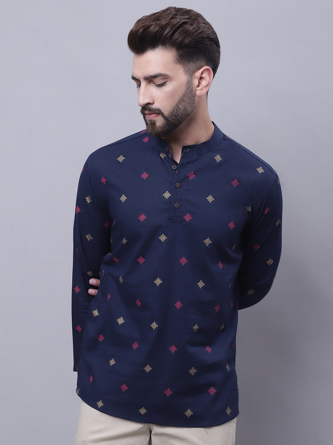 Even Apparels Blue Pure Cotton Short Kurta With Band Collar | Grocsy