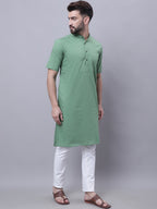 Even Apparels Green Pure Cotton Short Sleeves Kurta With Band Collar | Grocsy