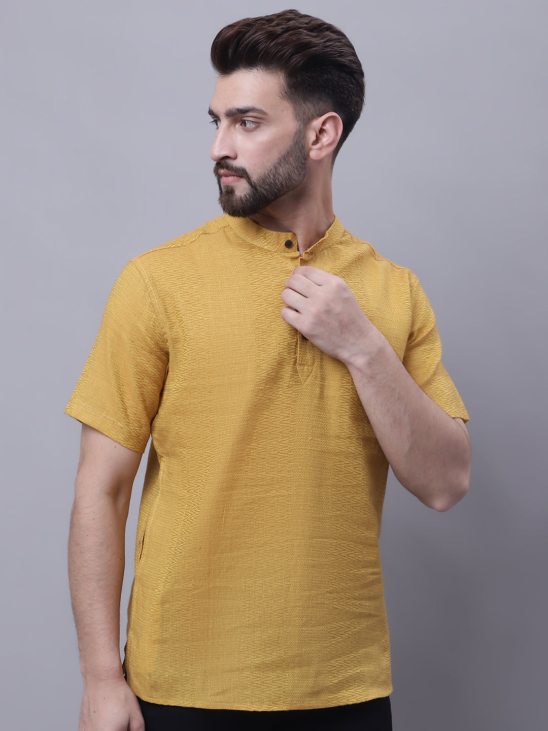 Even Apparels Yellow Pure Cotton Short Sleeves Kurta With Band Collar | Grocsy