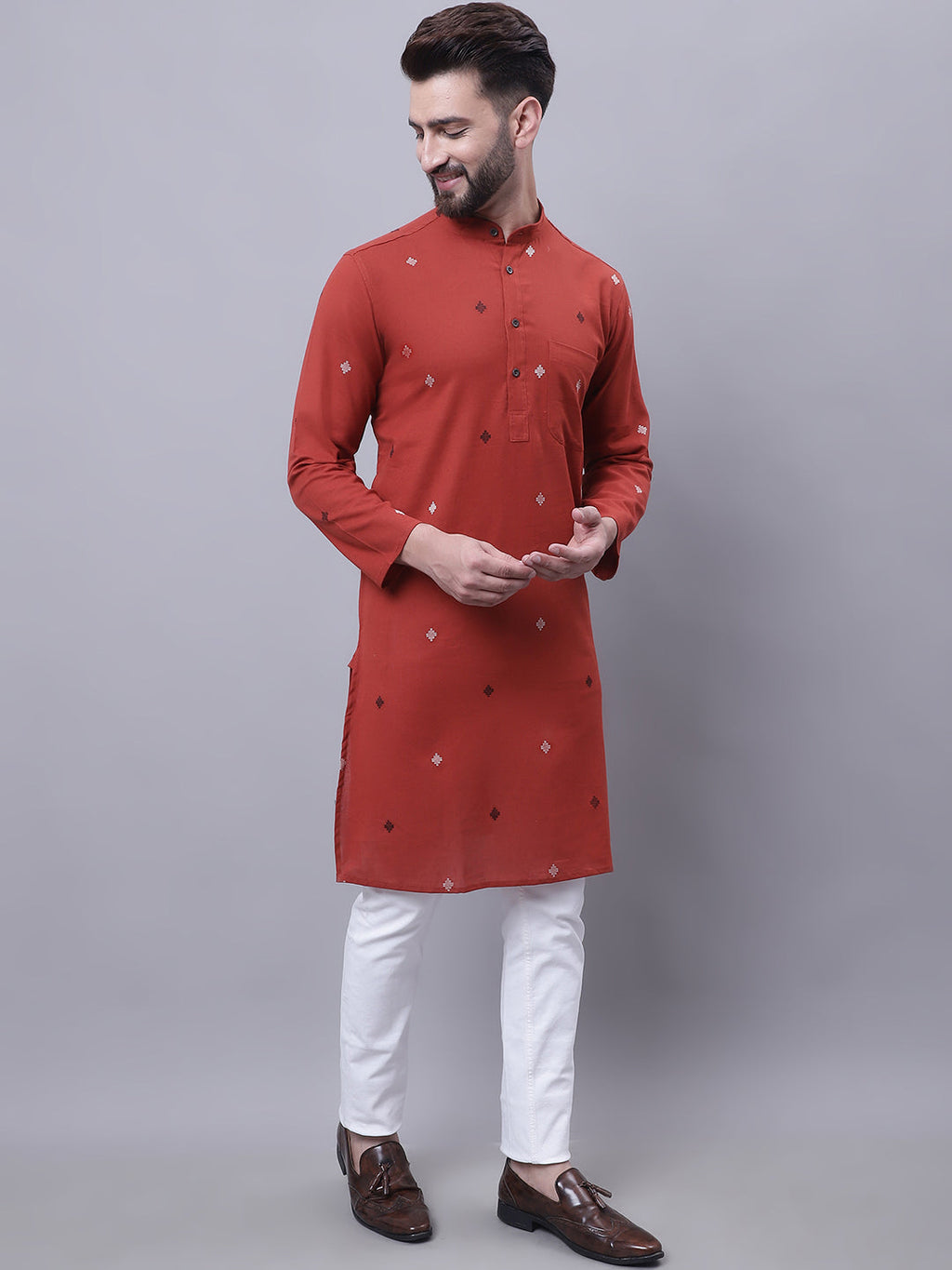 Even Apparels Rust Pure Cotton Kurta With Band Collar | Grocsy